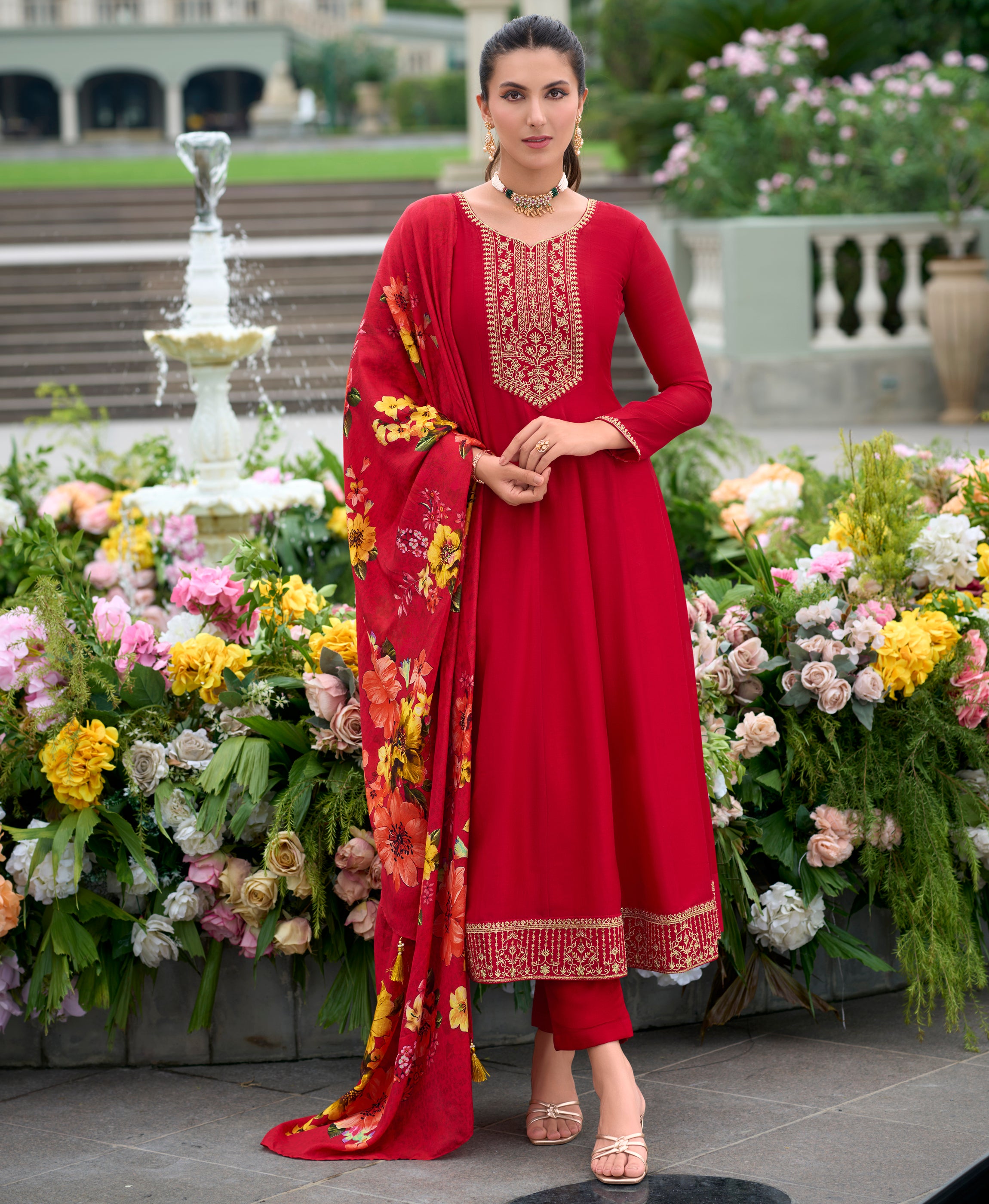 Her Couture Women's Red Vichitra Silk Floral Embroidered Anarkali Kurta With Pant & Dupatta