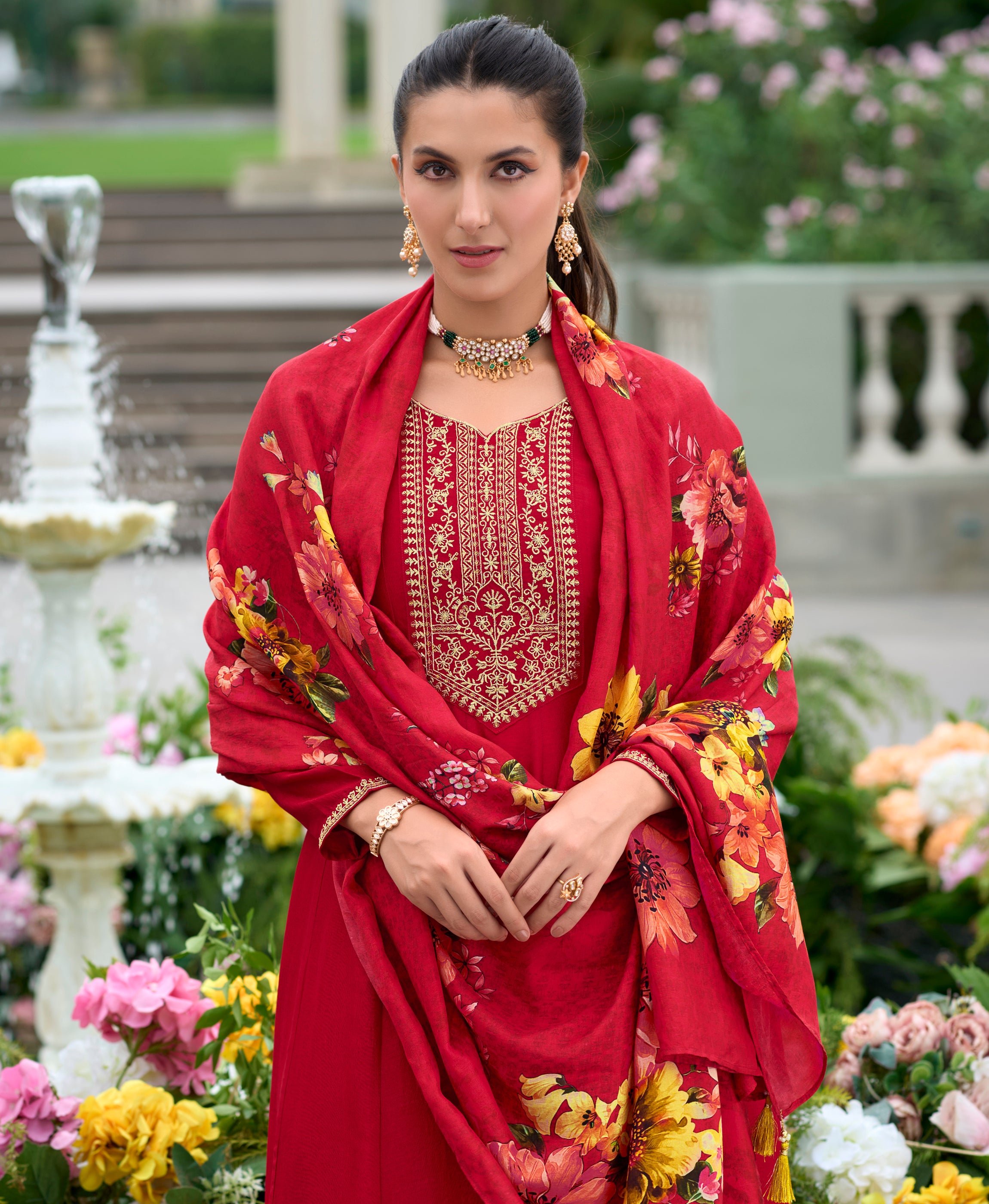 Her Couture Women's Red Vichitra Silk Floral Embroidered Anarkali Kurta With Pant & Dupatta