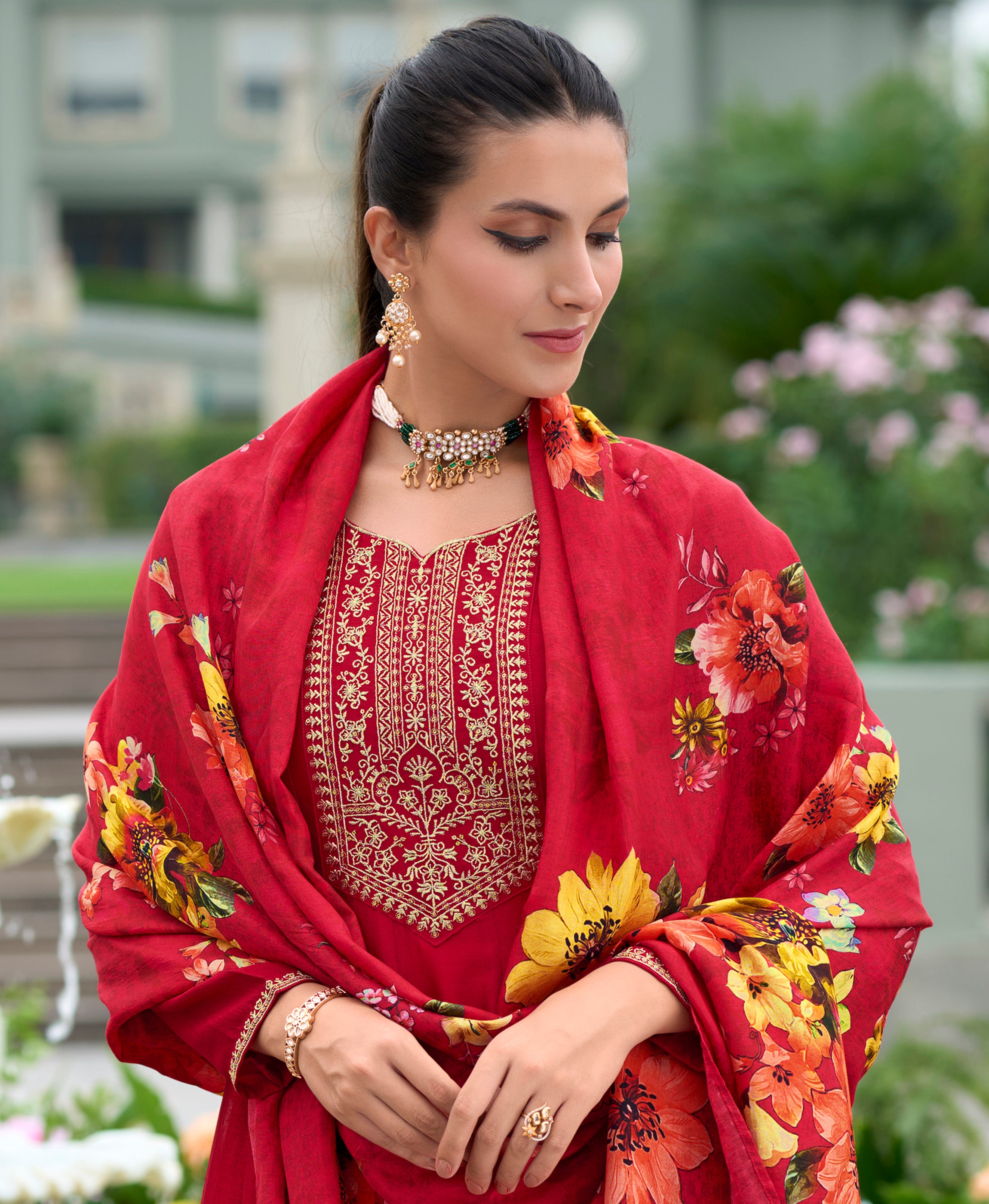 Her Couture Women's Red Vichitra Silk Floral Embroidered Anarkali Kurta With Pant & Dupatta