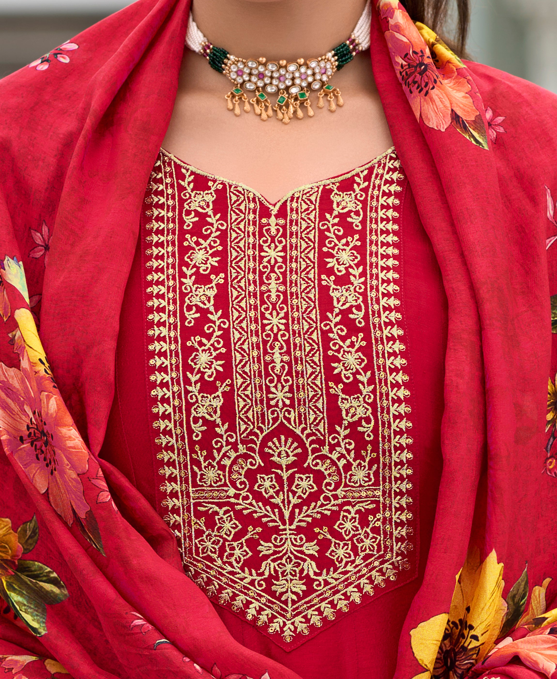 Her Couture Women's Red Vichitra Silk Floral Embroidered Anarkali Kurta With Pant & Dupatta