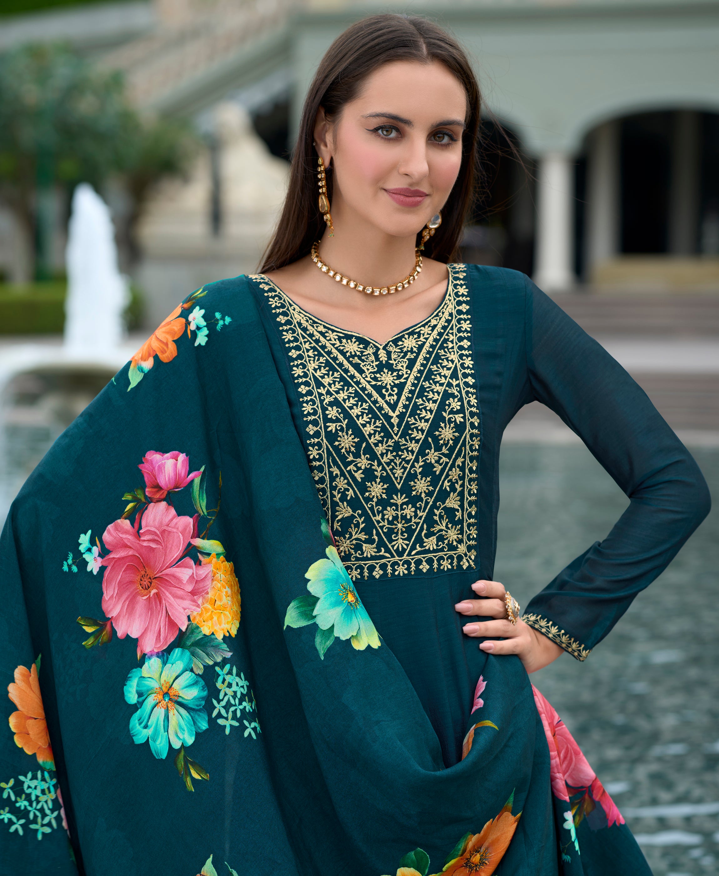 Teal Vichitra Silk Anarkali Festive & Party Kurta Set by Her Couture