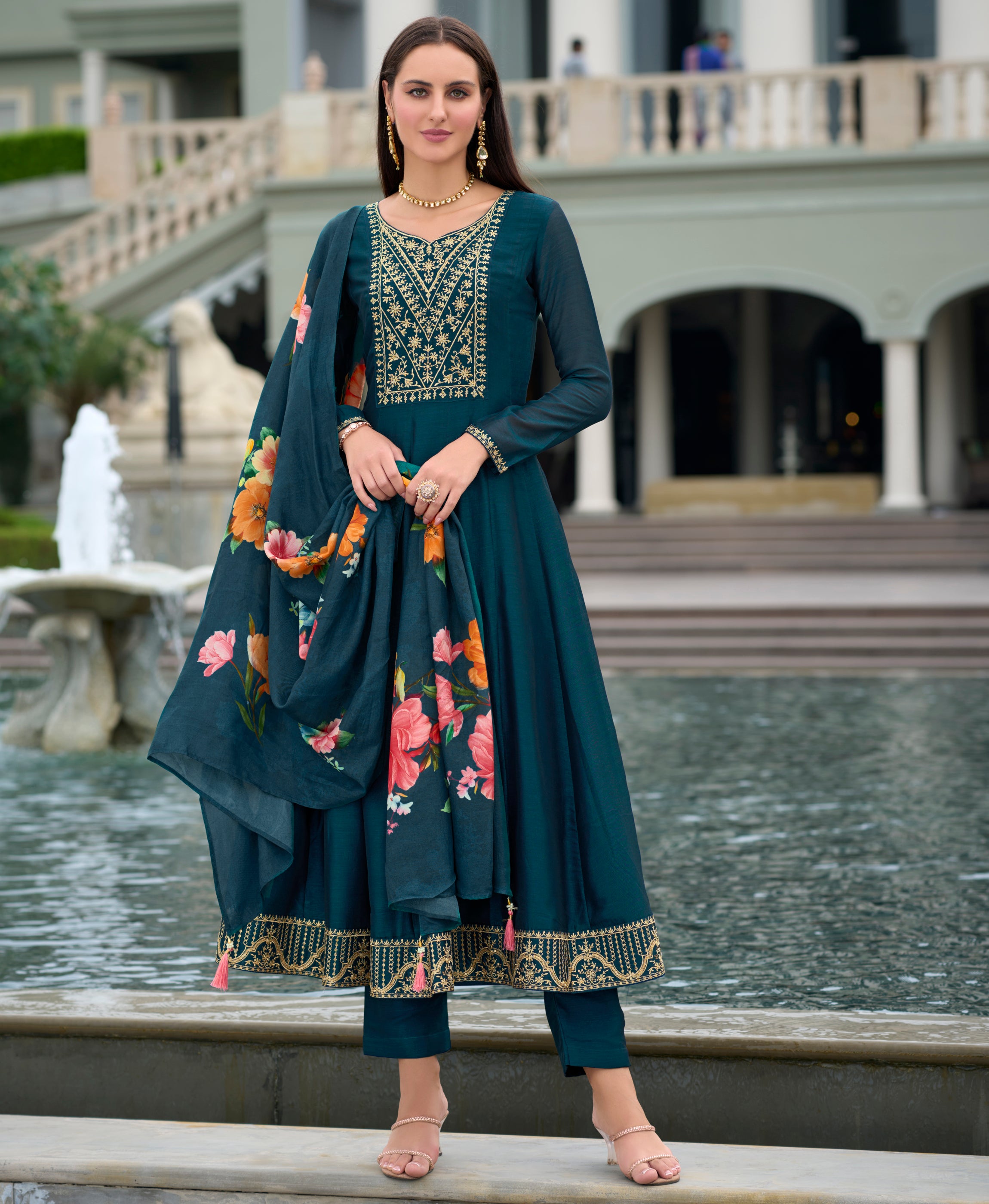 Her Couture Women's Teal Vichitra Silk Floral Embroidered Anarkali Kurta With Pant & Dupatta