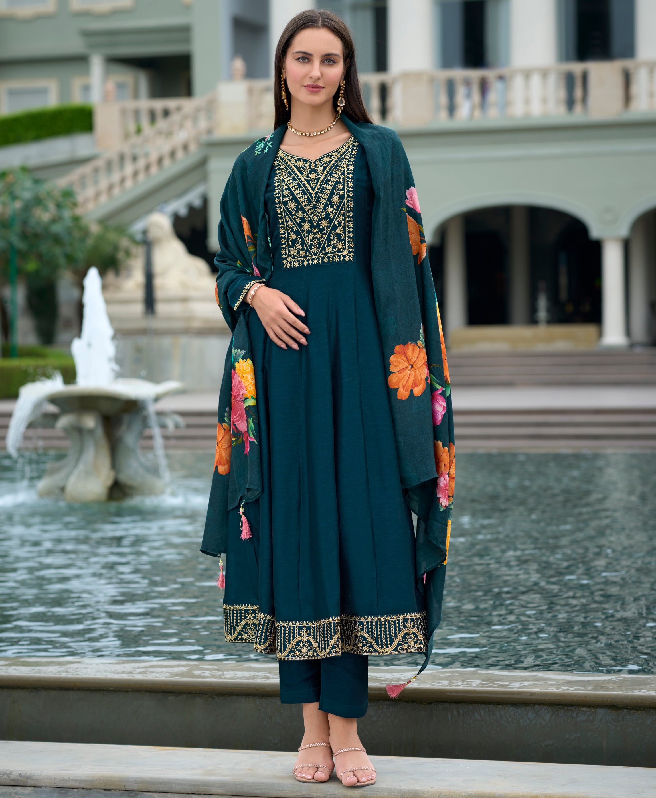 Her Couture Women's Teal Vichitra Silk Floral Embroidered Anarkali Kurta With Pant & Dupatta