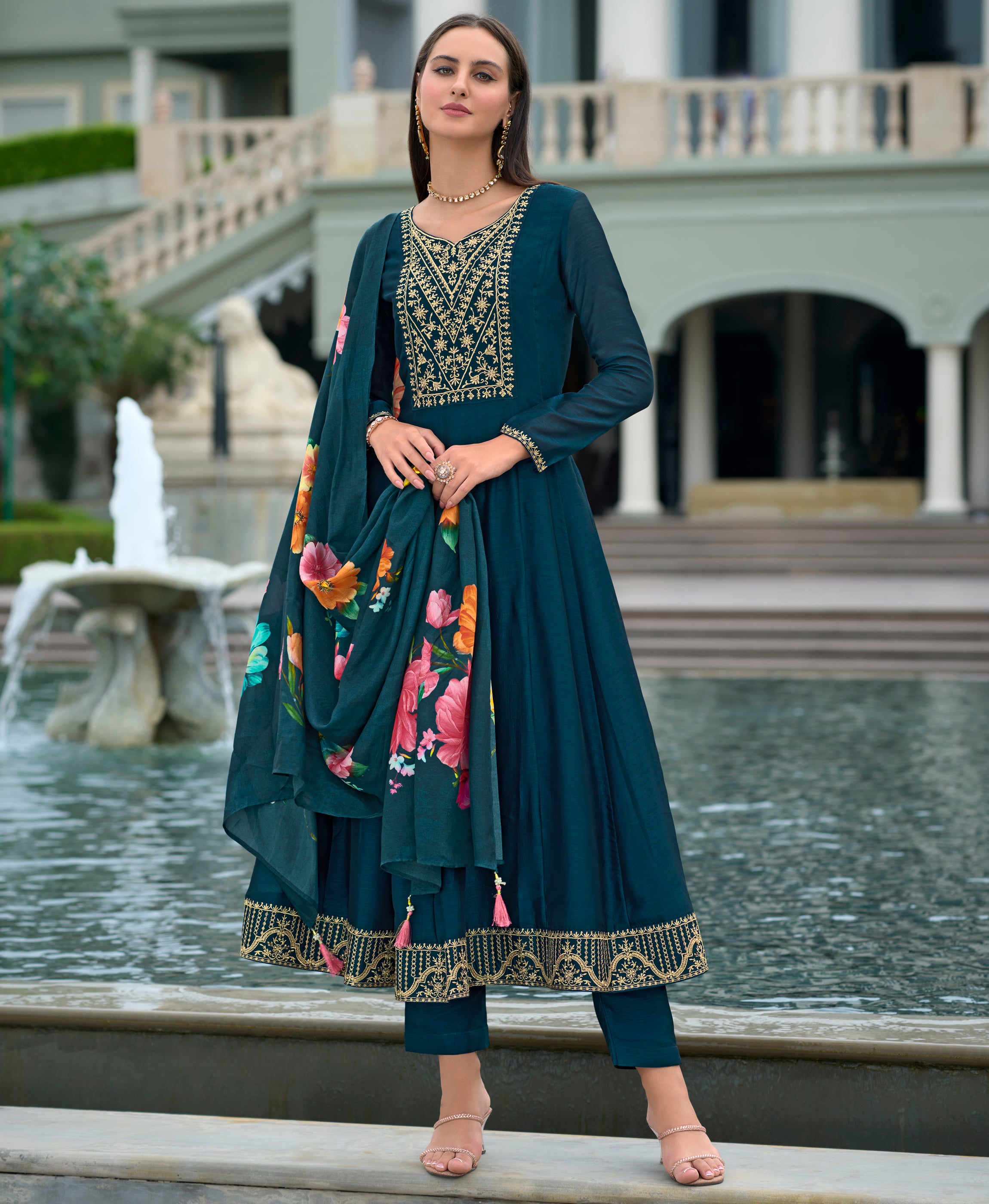 Her Couture Women's Teal Vichitra Silk Floral Embroidered Anarkali Kurta With Pant & Dupatta