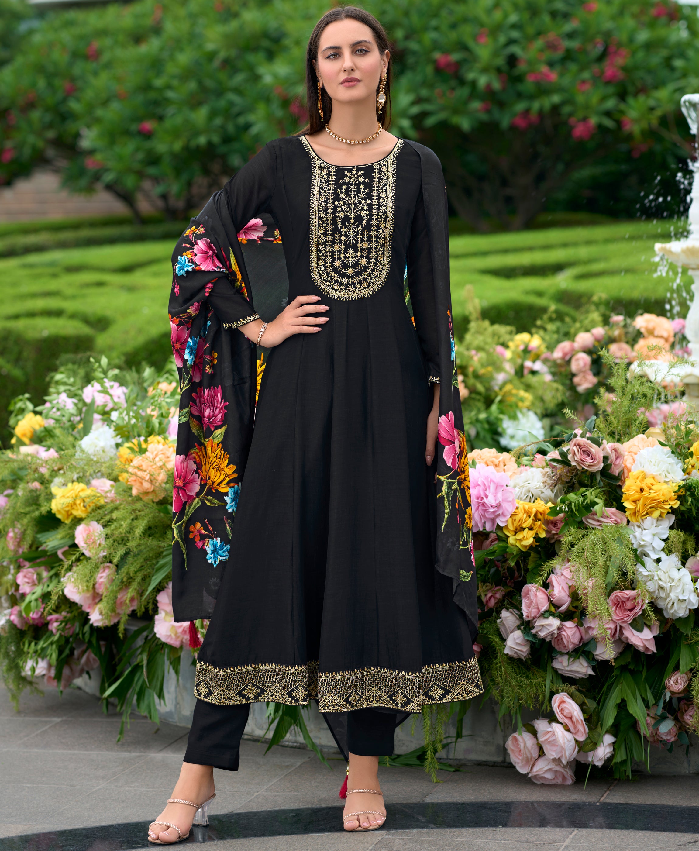 Her Couture Women's Black Vichitra Silk Floral Embroidered Anarkali Kurta With Pant & Dupatta