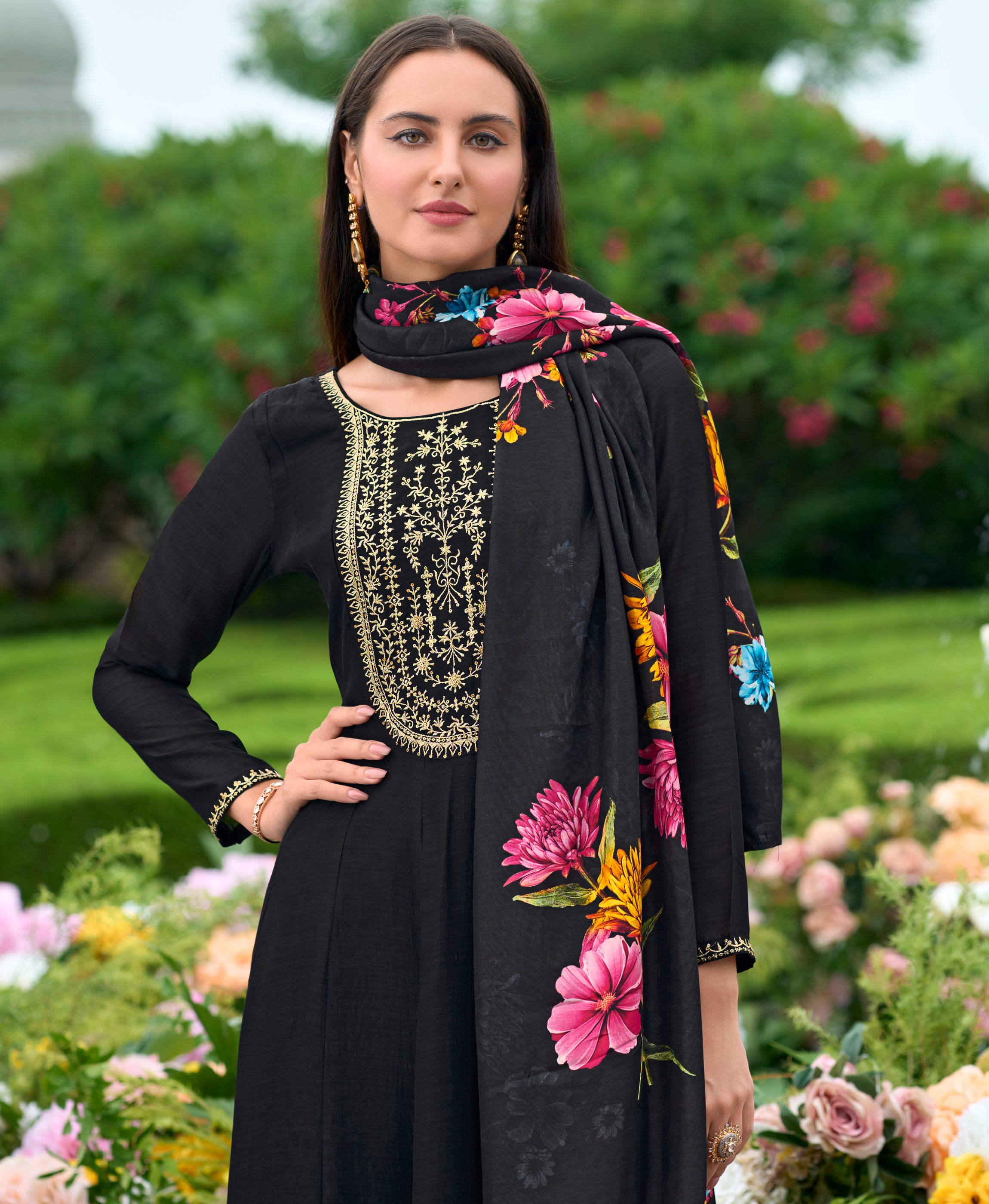 Black Vichitra Silk Anarkali Festive & Party Kurta Set by Her Couture