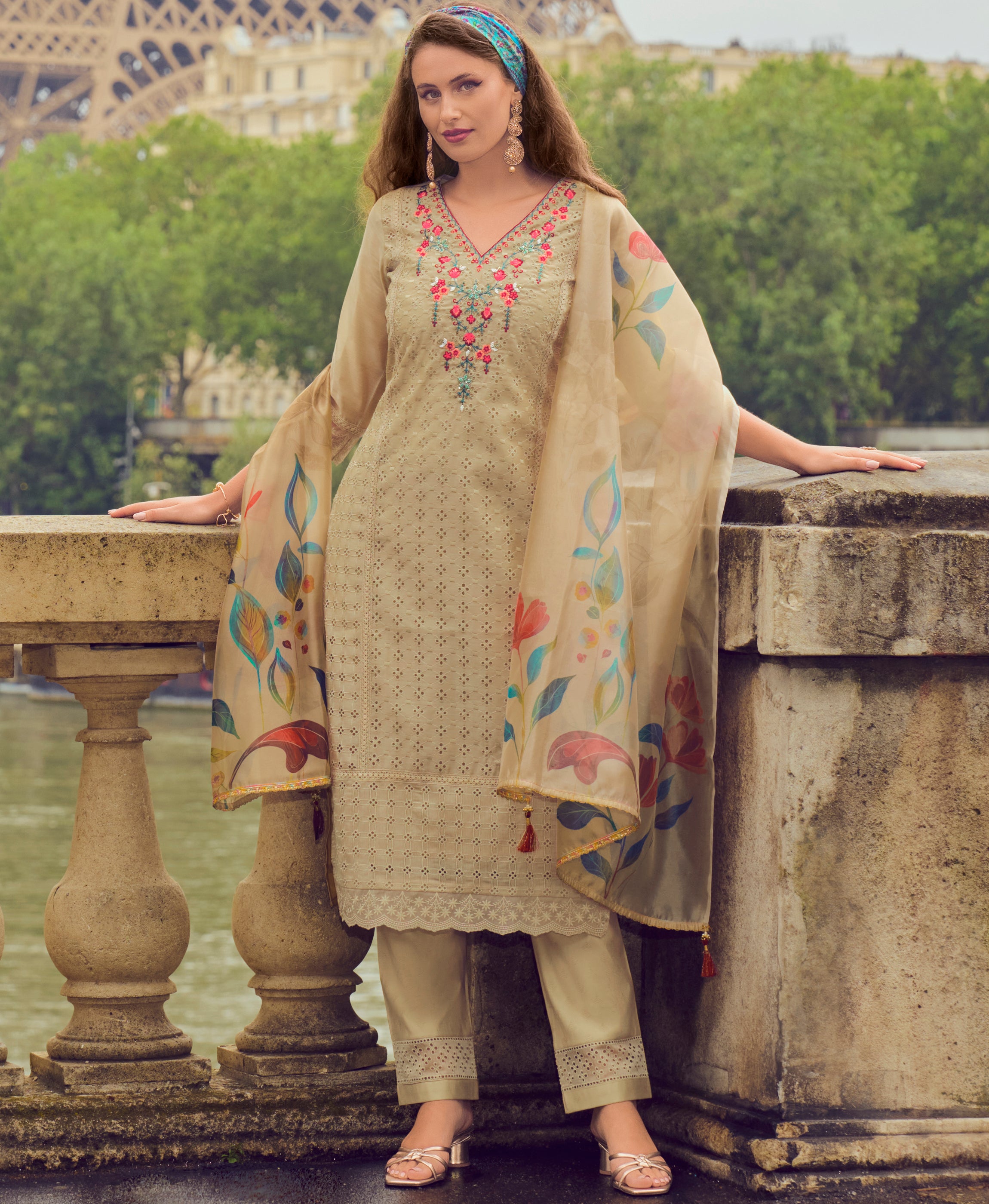 Khaki Chanderi Silk Straight Festive & Party Kurta Set by Her Couture