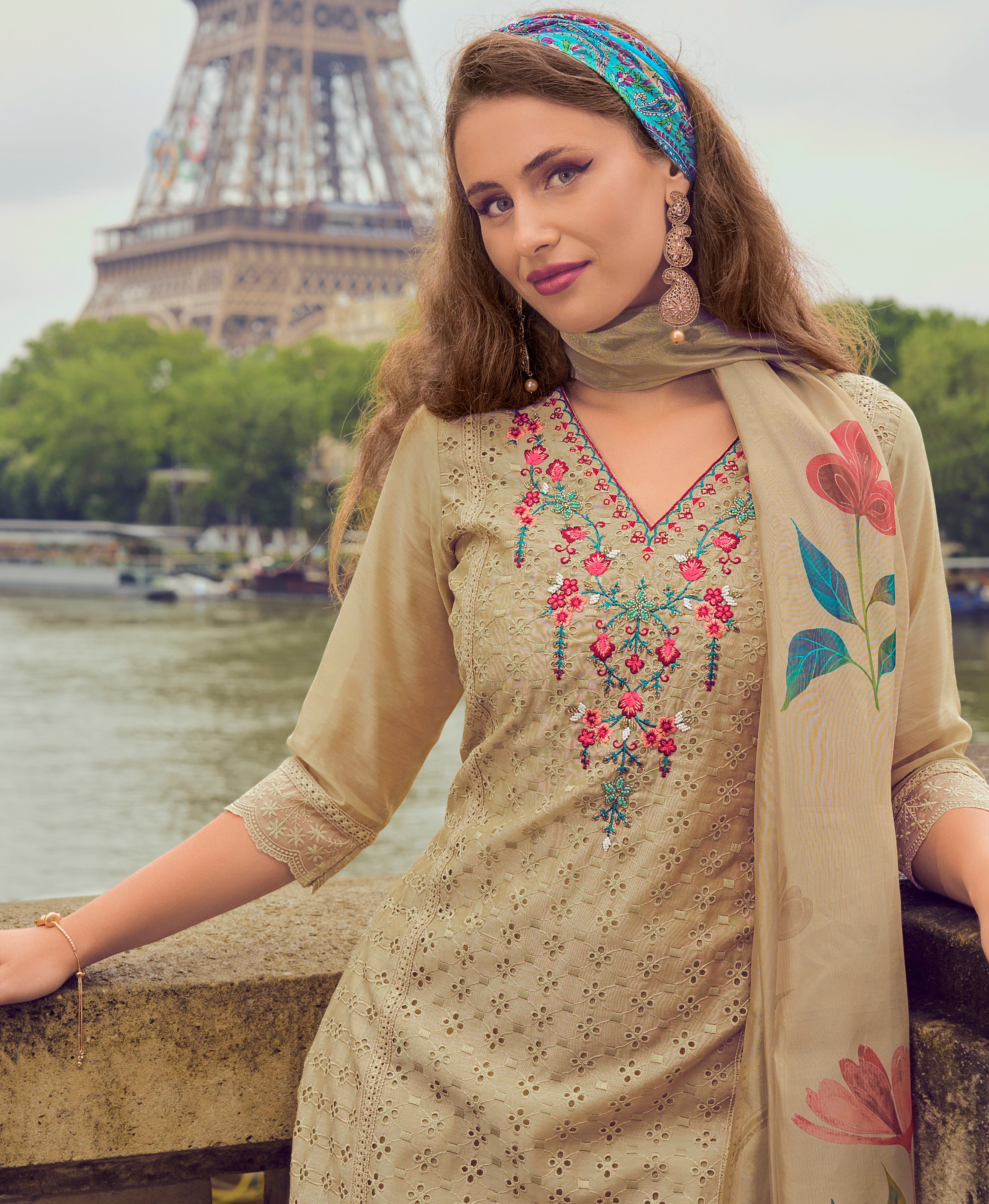 Her Couture Women's Khaki Chanderi Silk Chikankari Floral Bored Schiffli Embroidered Straight Kurta With Pant & Dupatta