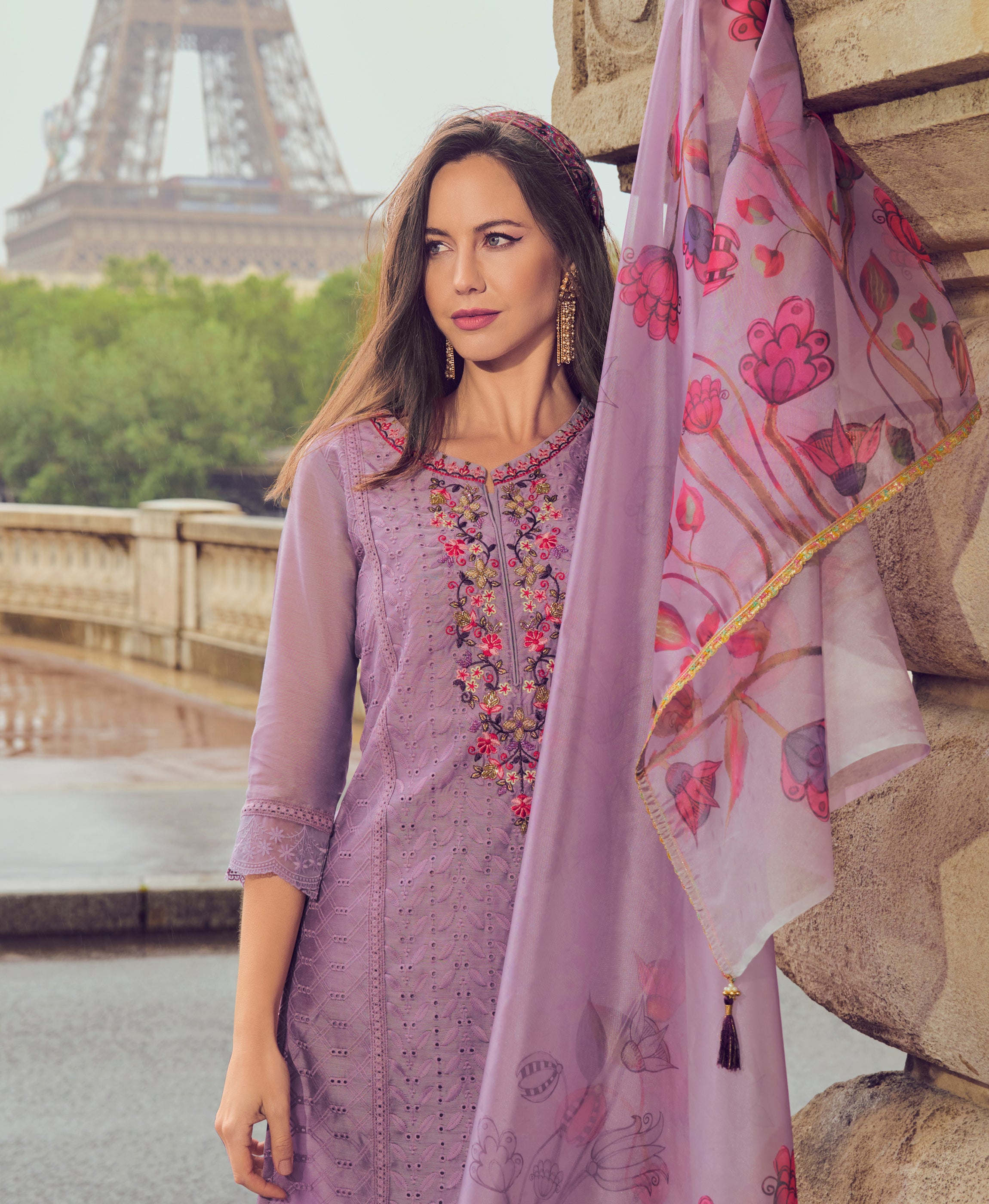 Her Couture Women's Lavender Chanderi Silk Chikankari Floral Bored Schiffli Embroidered Straight Kurta With Pant & Dupatta