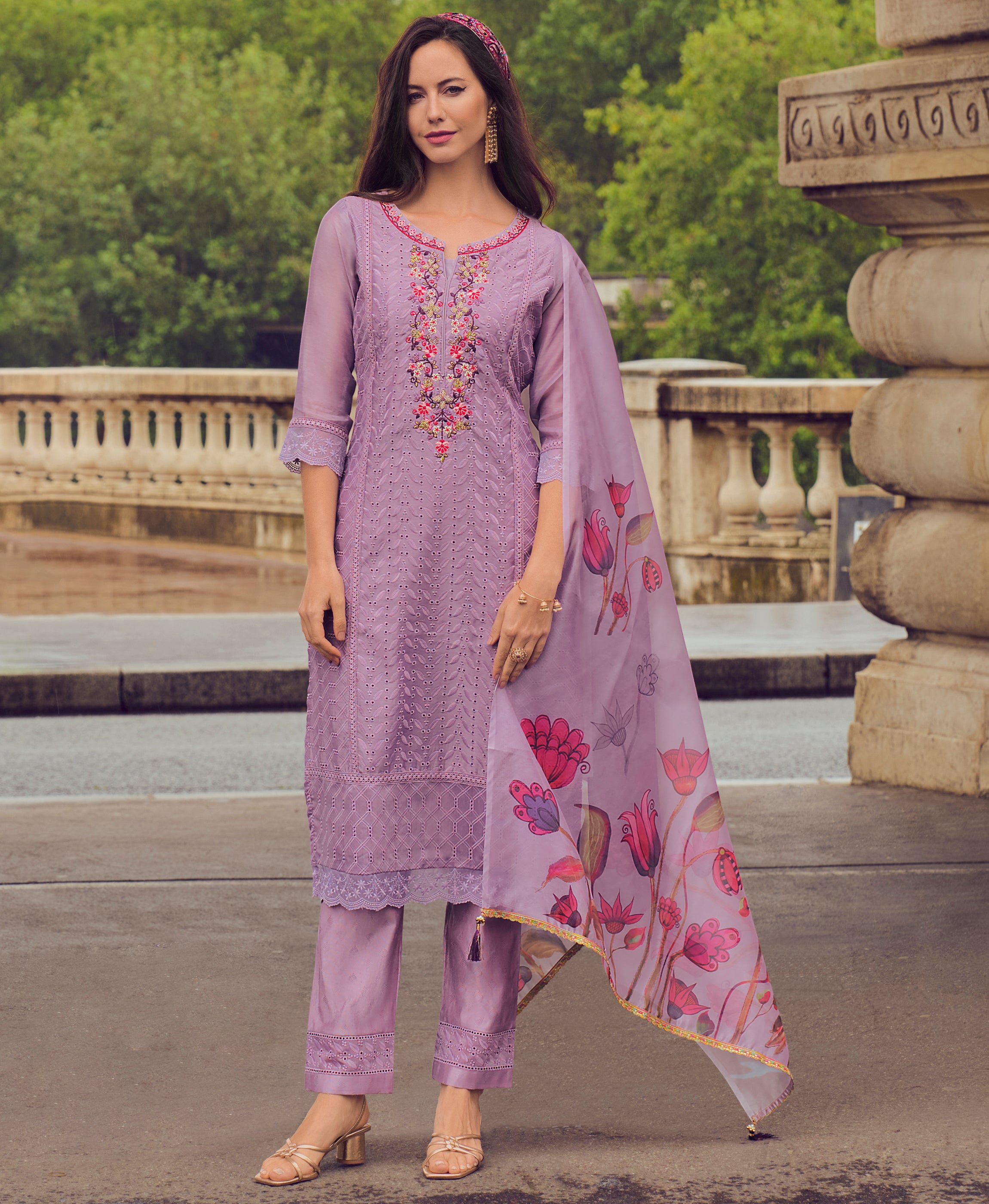 Lavender Chanderi Silk Straight Festive & Party Kurta Set by Her Couture