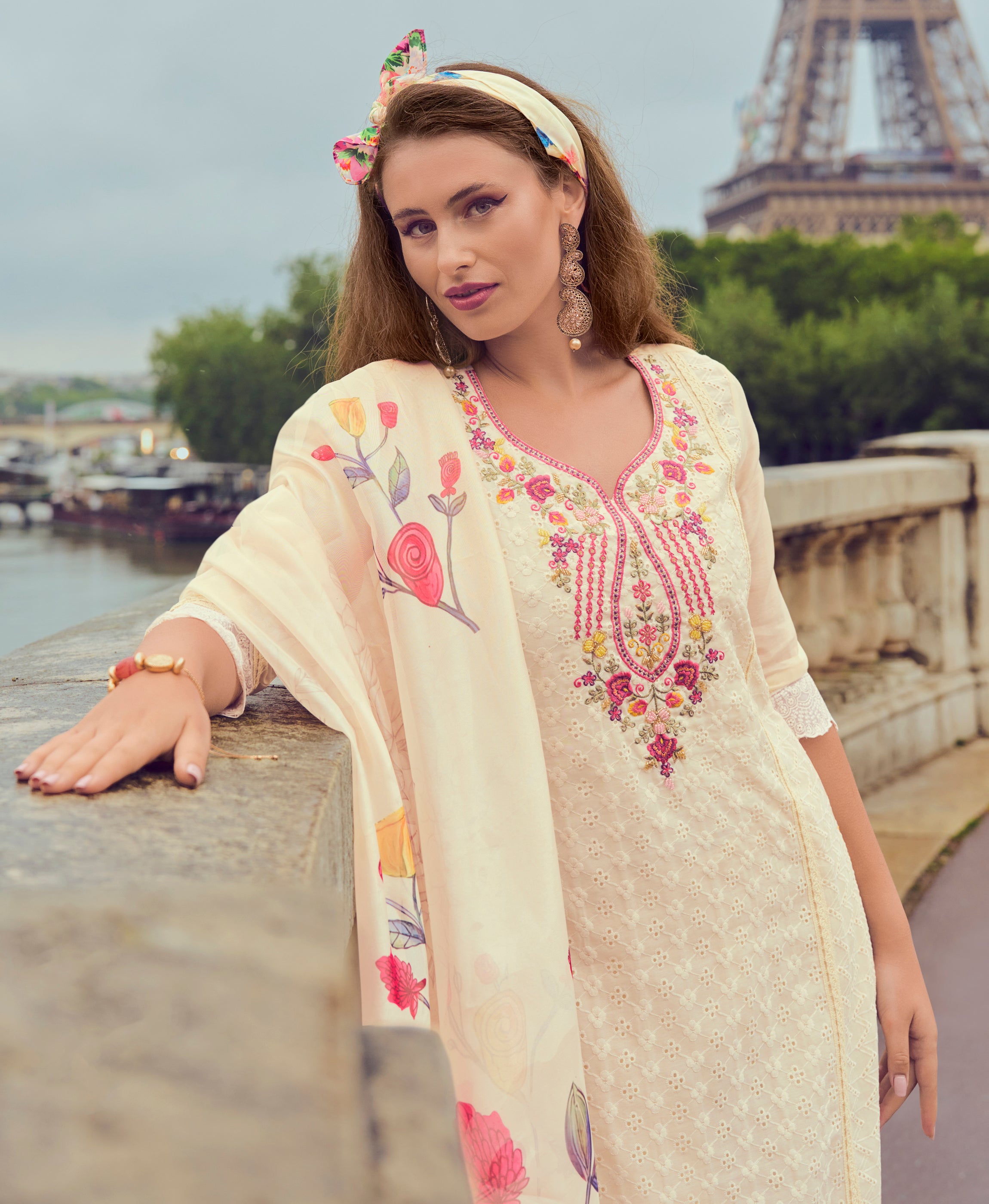 Her Couture Women's Off-White Chanderi Silk Chikankari Floral Bored Schiffli Embroidered Straight Kurta With Pant & Dupatta