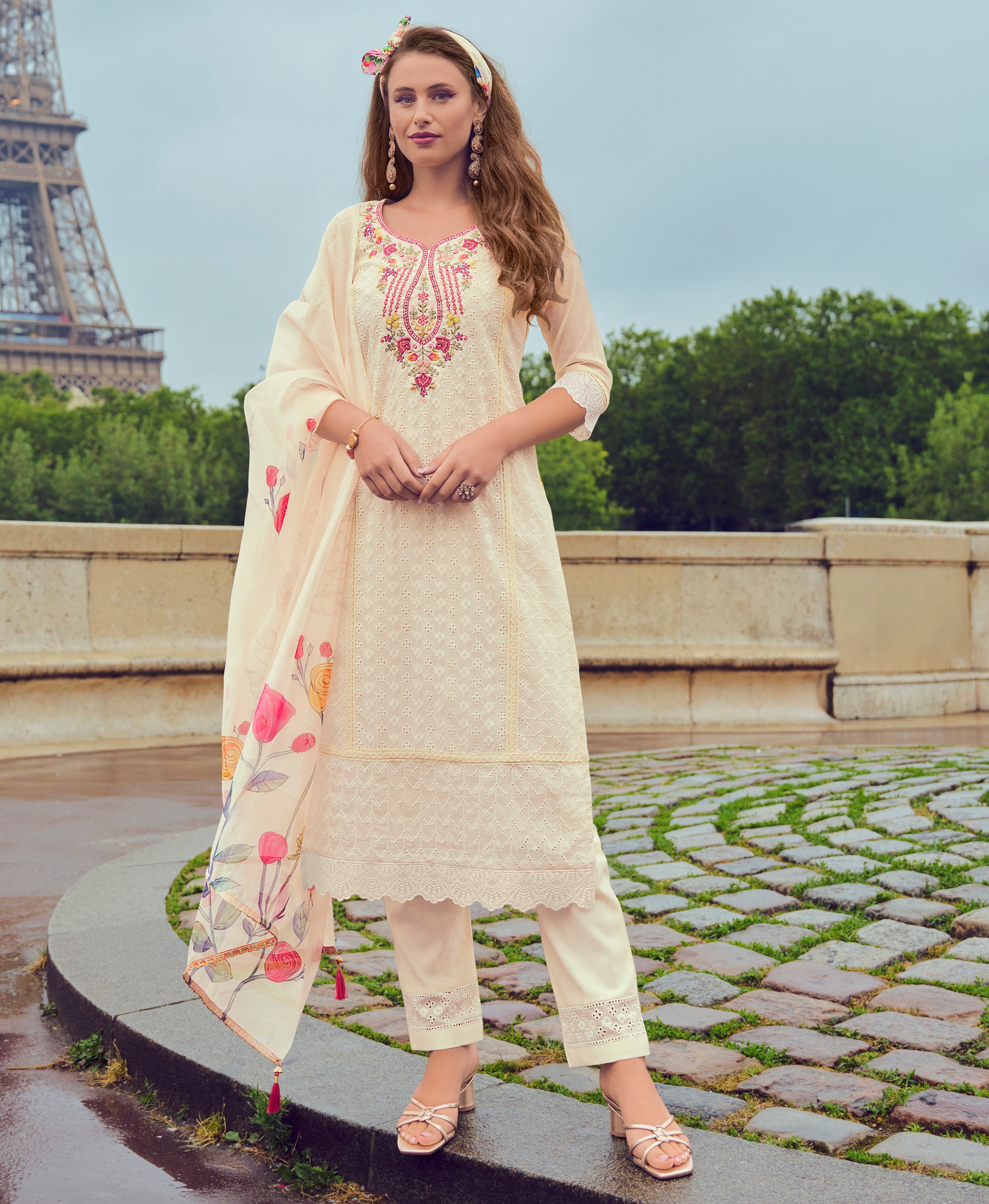 Her Couture Women's Off-White Chanderi Silk Chikankari Floral Bored Schiffli Embroidered Straight Kurta With Pant & Dupatta