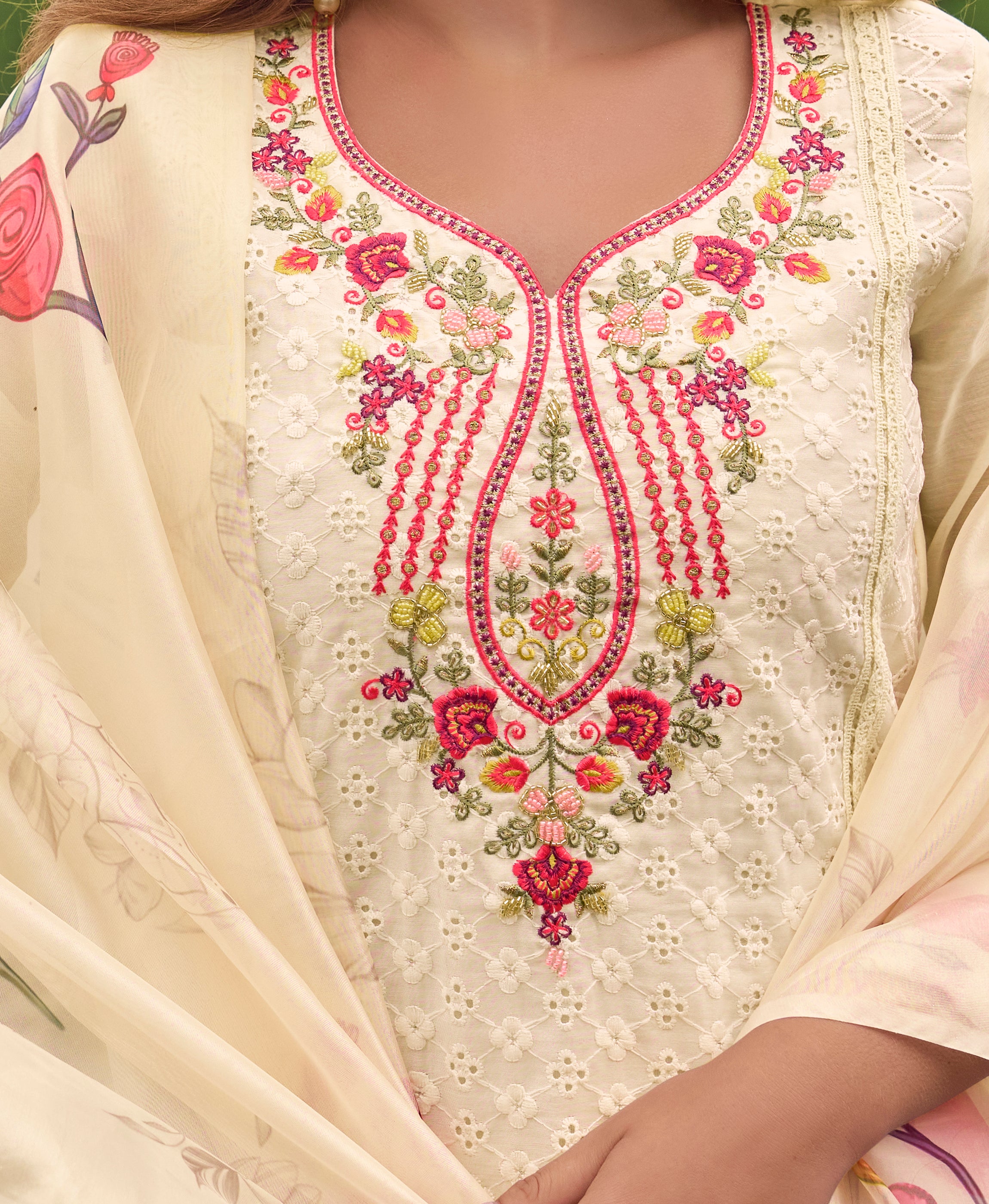 Her Couture Women's Off-White Chanderi Silk Chikankari Floral Bored Schiffli Embroidered Straight Kurta With Pant & Dupatta