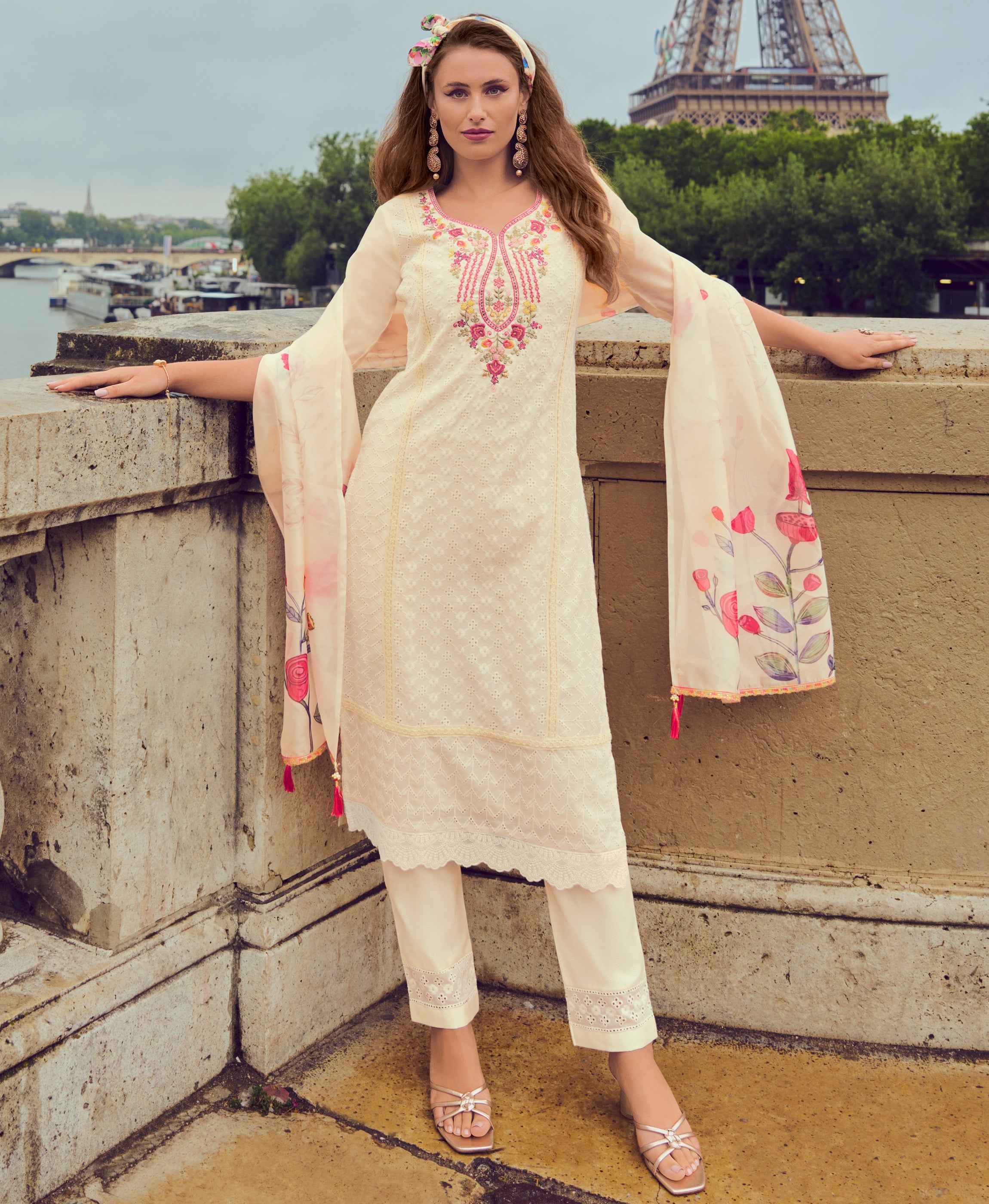 Off-White Chanderi Silk Straight Festive & Party Kurta Set by Her Couture