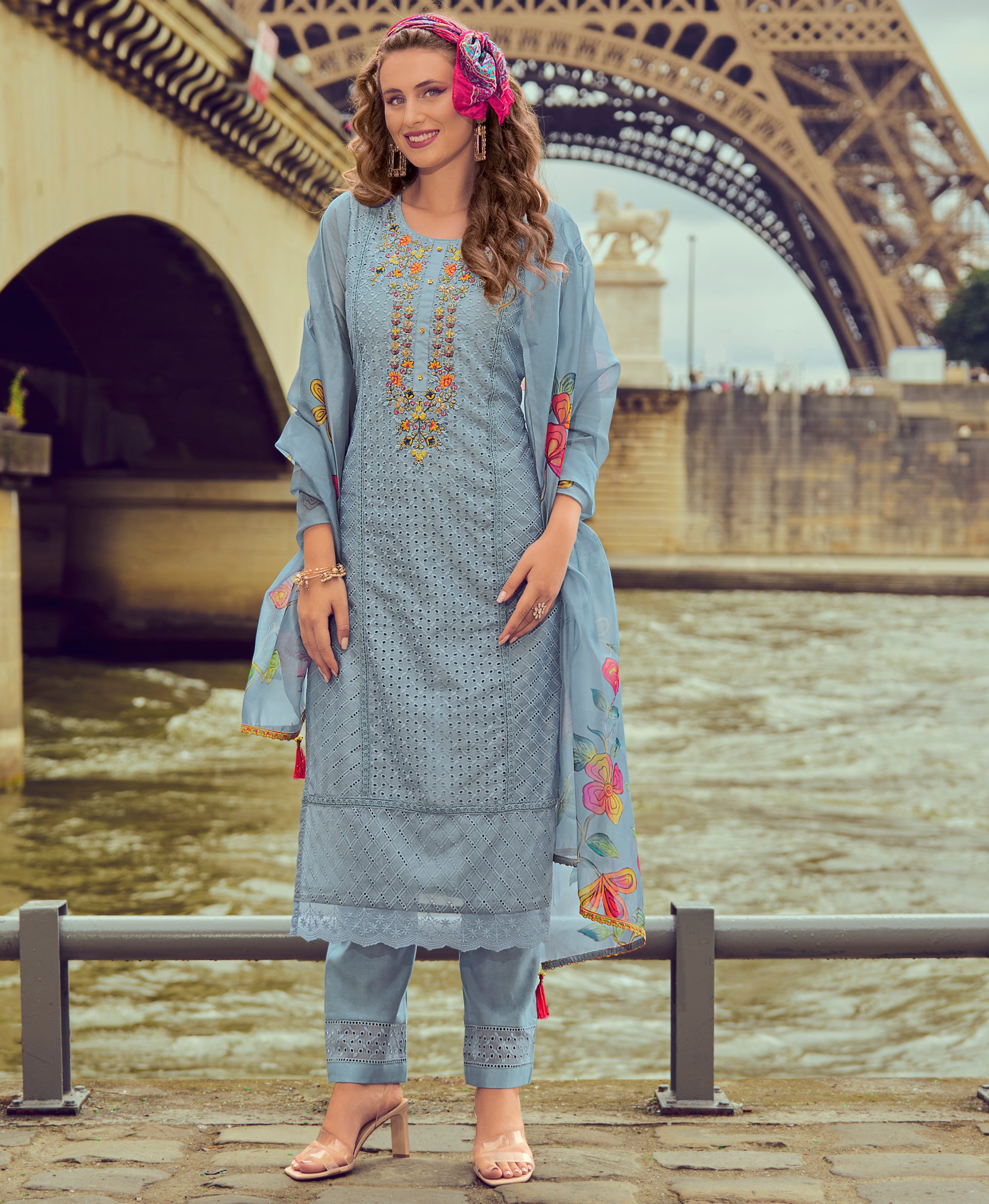 Powder Blue Chanderi Silk Straight Festive & Party Kurta Set by Her Couture