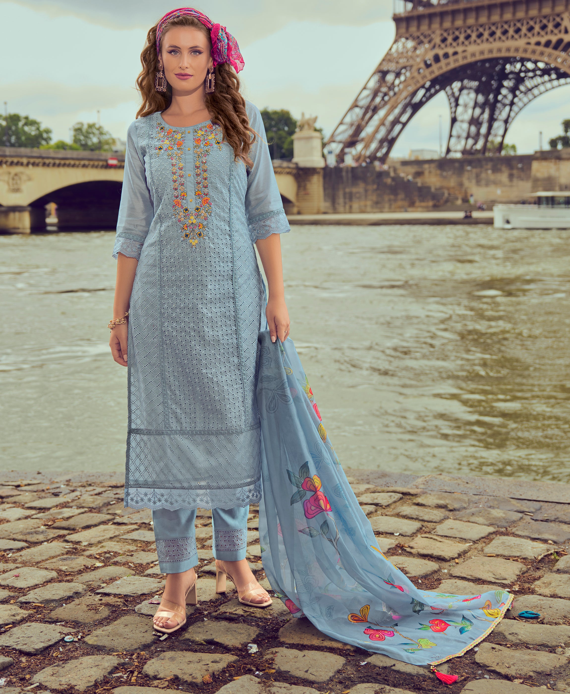 Her Couture Women's Powder Blue Chanderi Silk Chikankari Floral Bored Schiffli Embroidered Straight Kurta With Pant & Dupatta