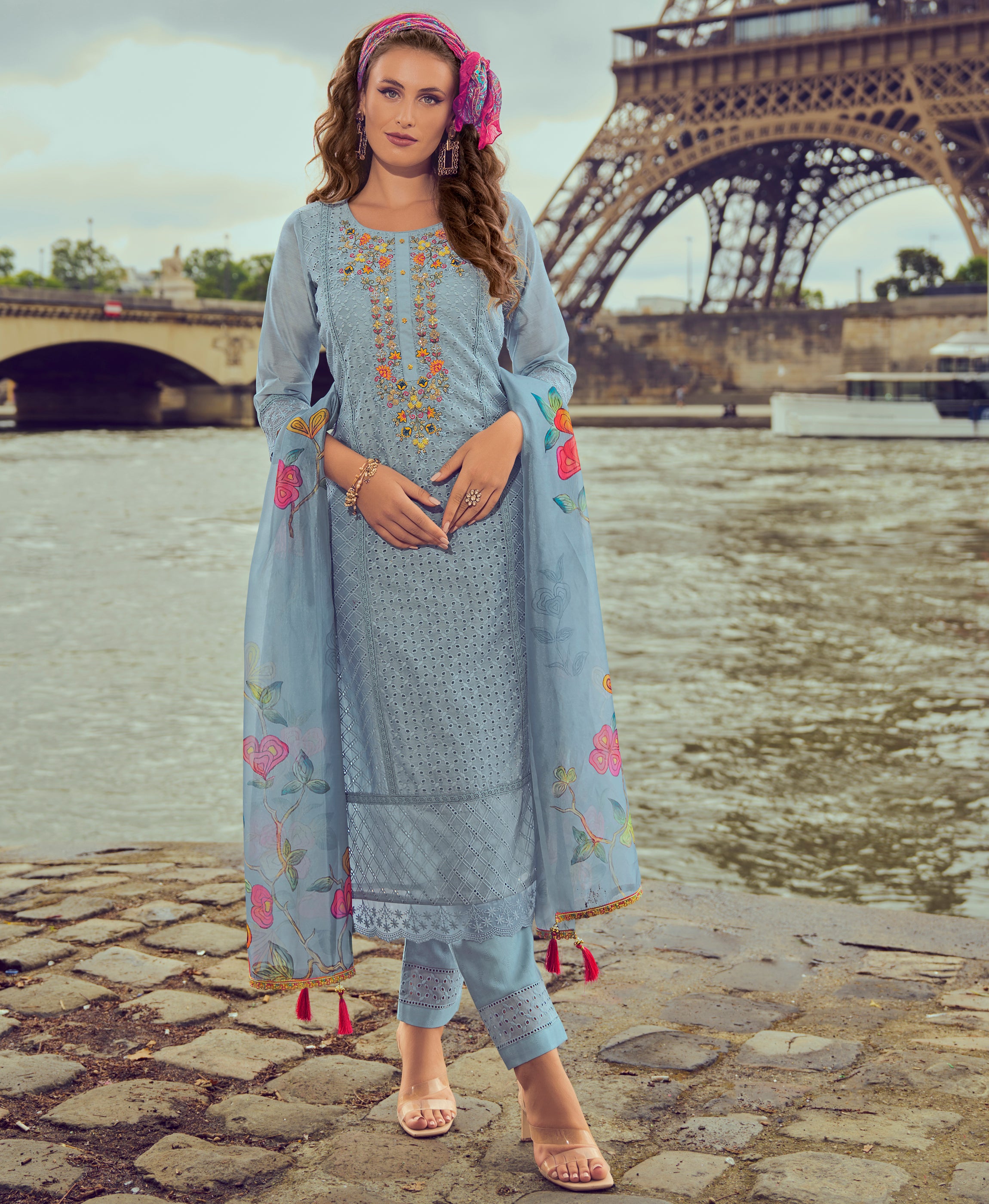 Her Couture Women's Powder Blue Chanderi Silk Chikankari Floral Bored Schiffli Embroidered Straight Kurta With Pant & Dupatta