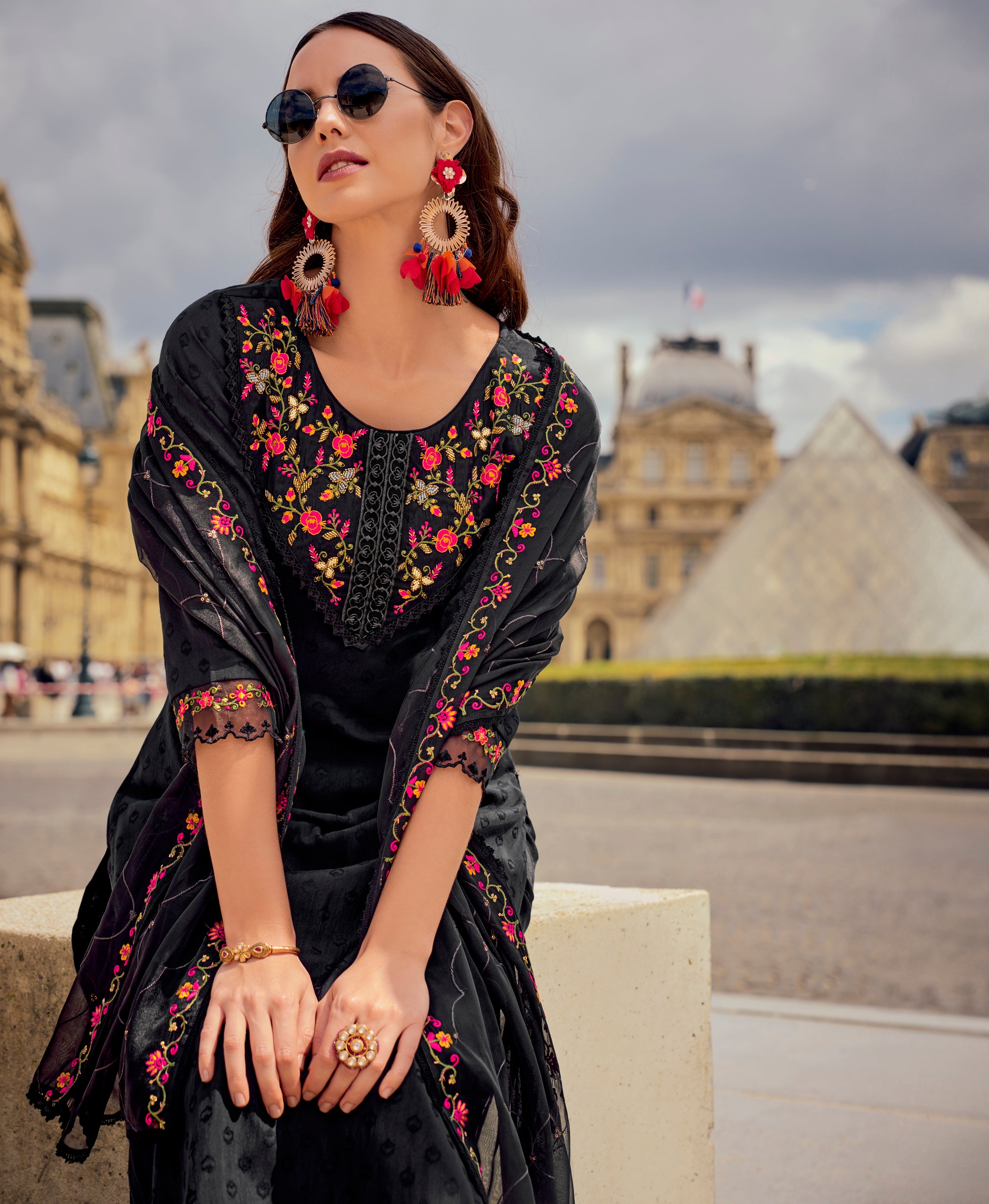 Her Couture Women's Black Viscose Silk Embroidered Woven Straight Kurta With Pant & Dupatta