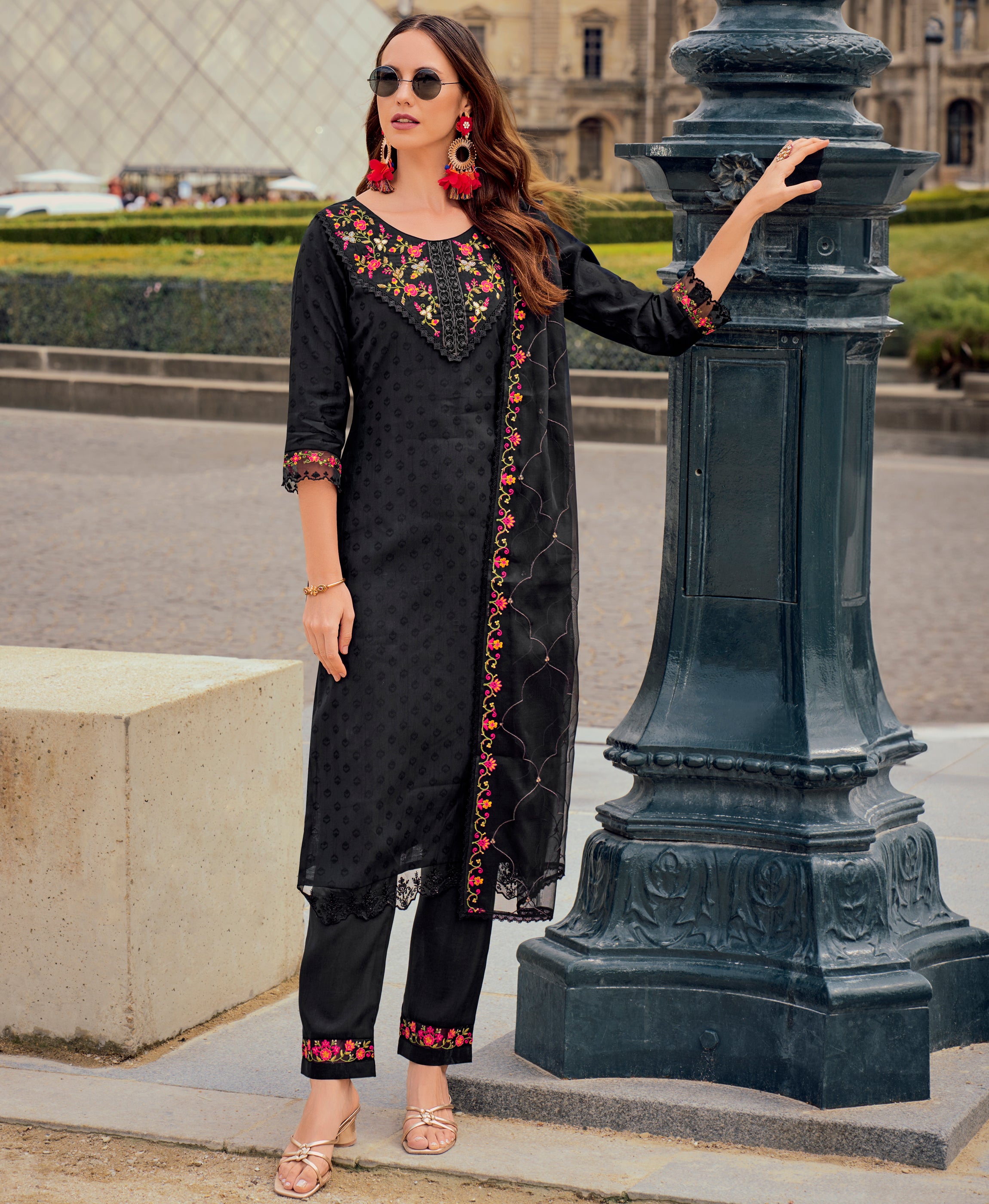 Black Viscose Silk Straight Festive & Party Kurta Set by Her Couture