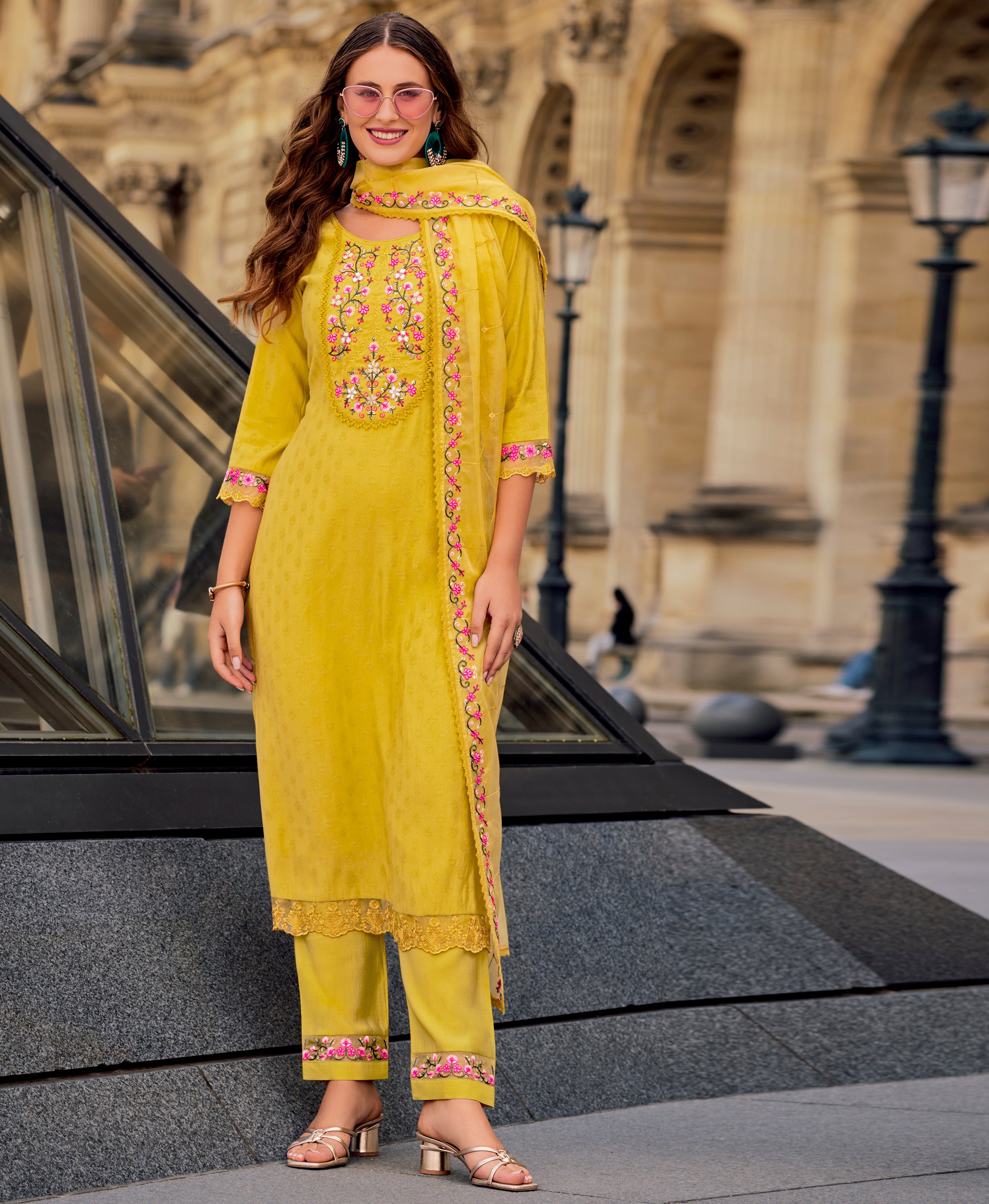 Mustard Viscose Silk Straight Festive & Party Kurta Set by Her Couture