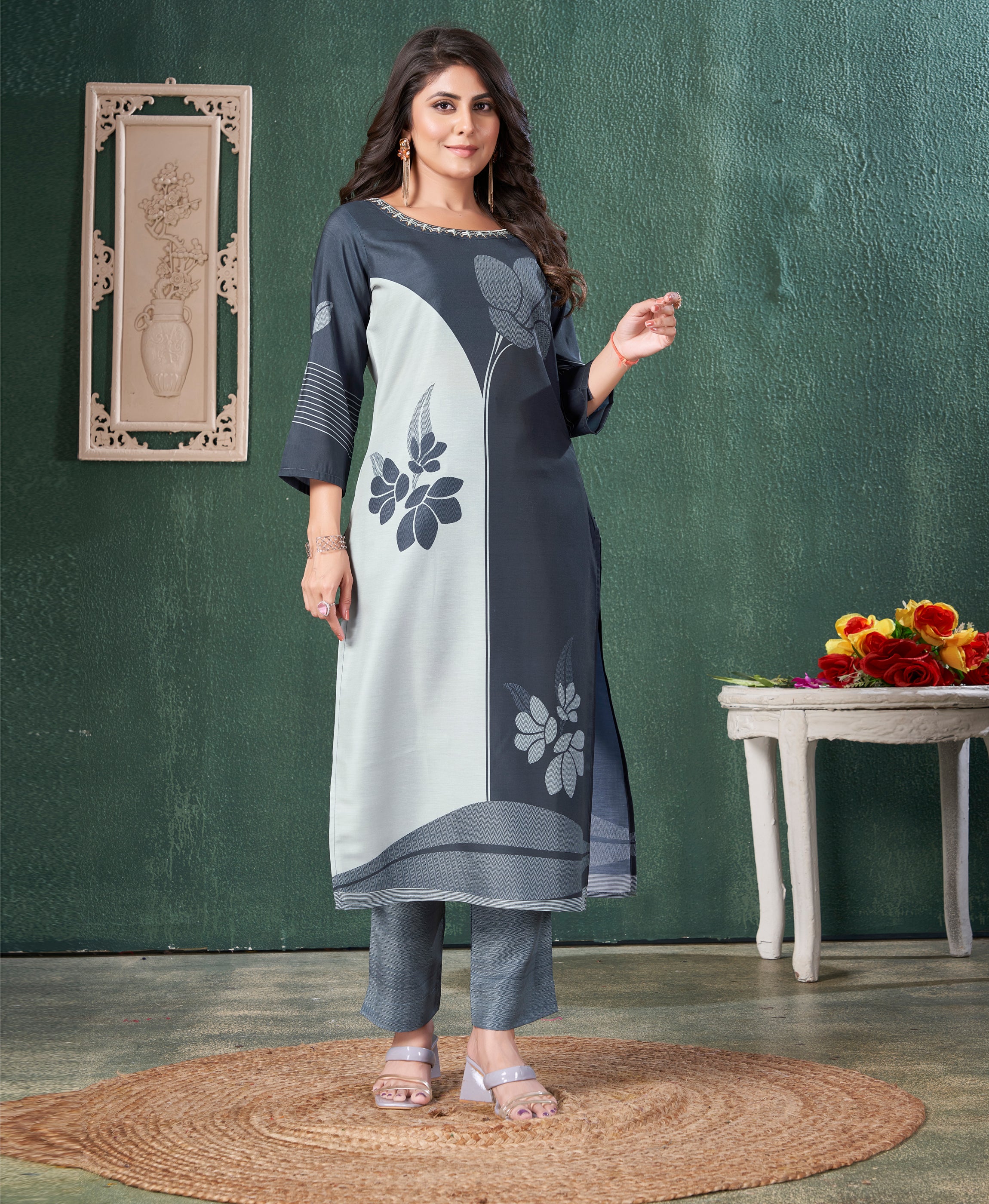 Steel Blue Muslin Straight Causal Kurta Set by Her Couture