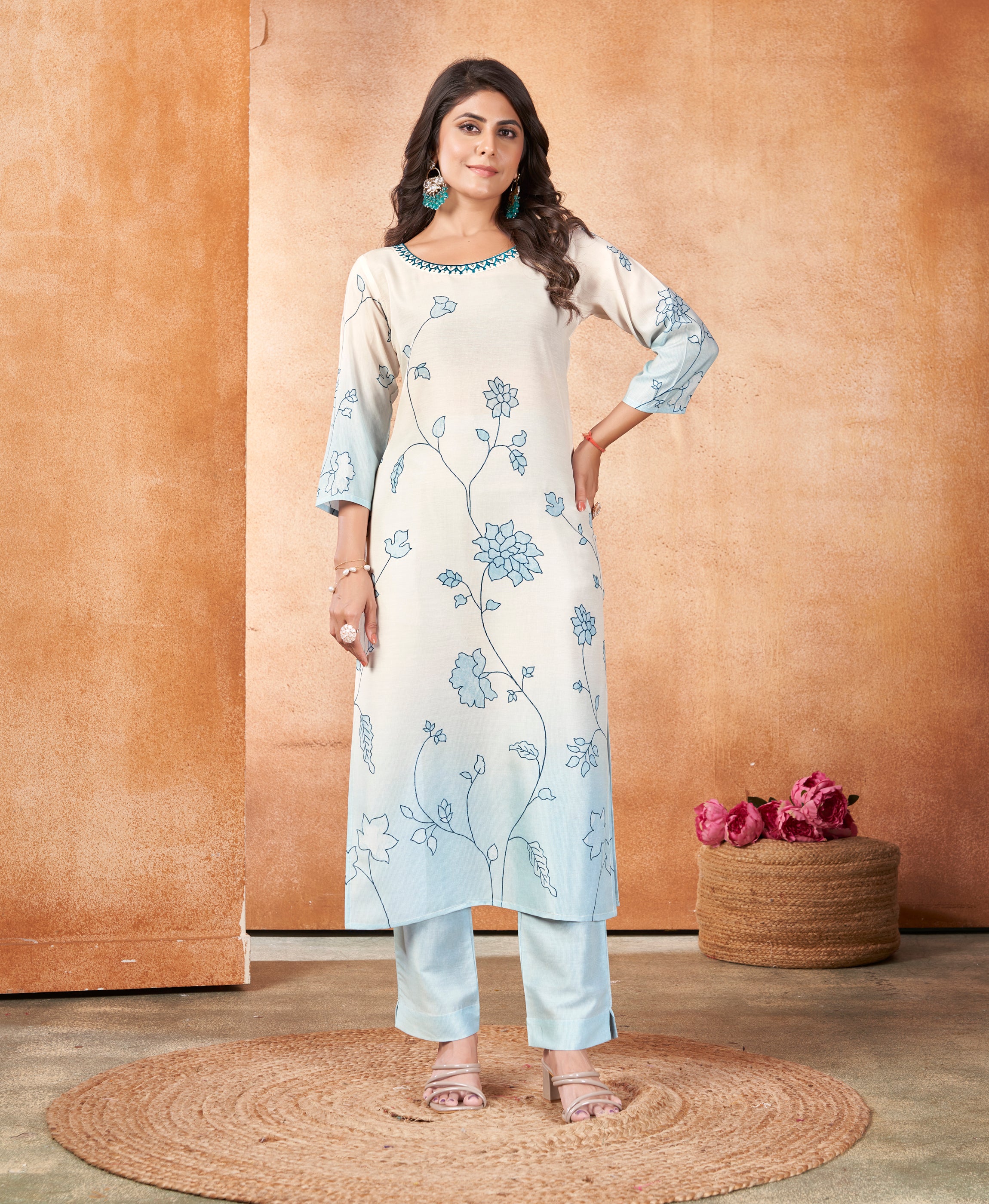 White Muslin Straight Causal Kurta Set by Her Couture