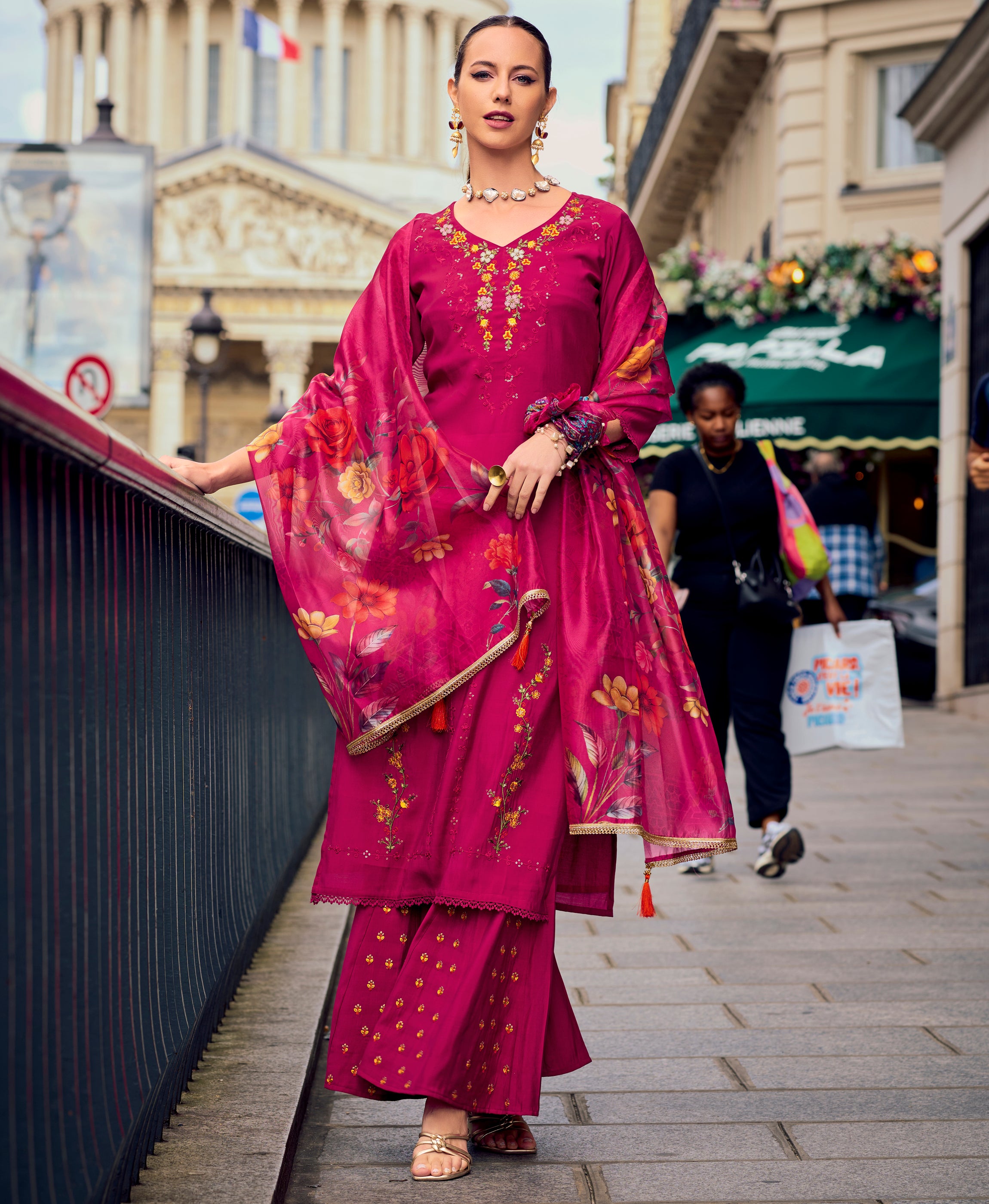 Her Couture Women's Magenta Milan Silk Floral Embroidered Straight Kurta With Divider Plazzo & Dupatta