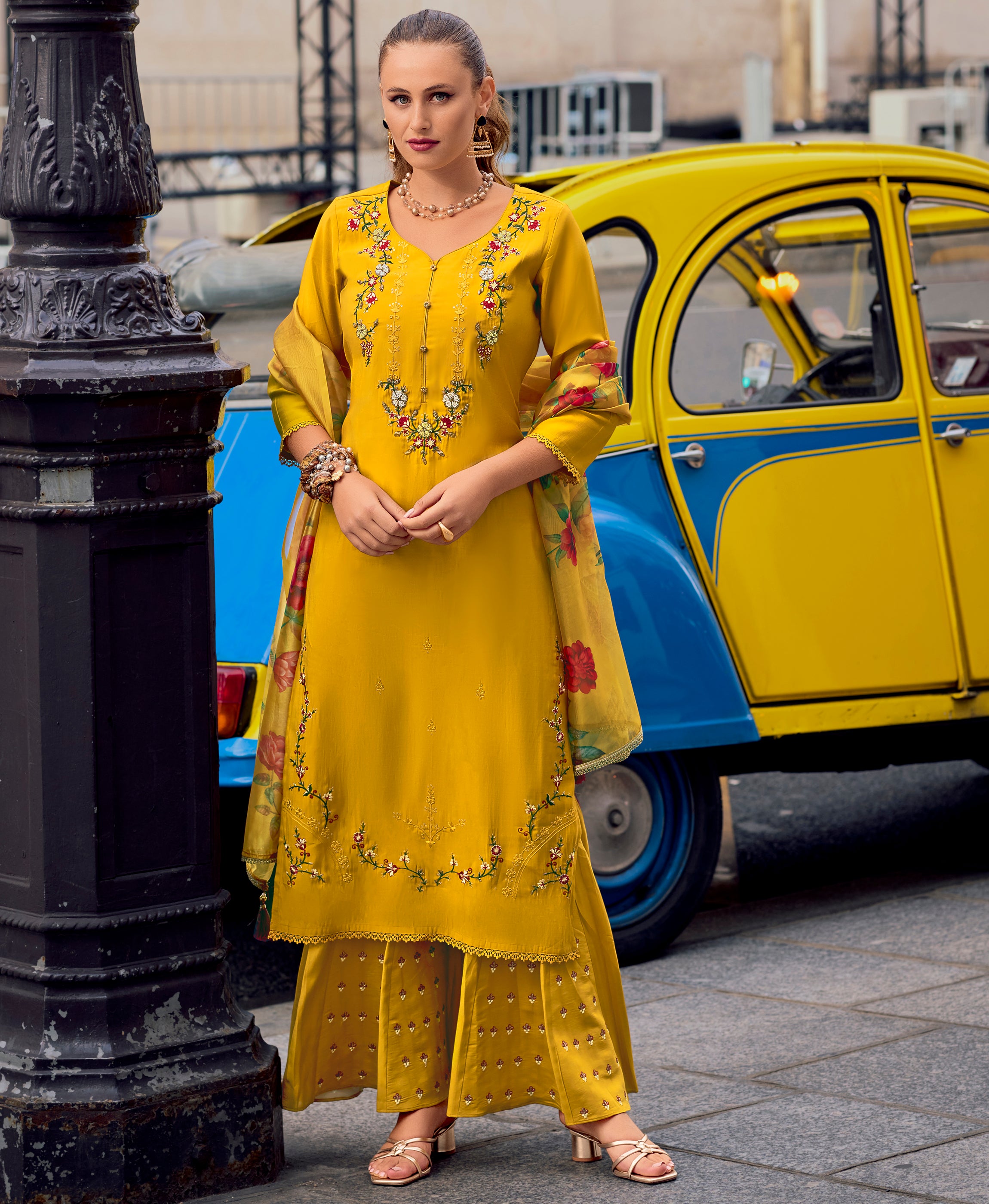 Her Couture Women's Mustard Milan Silk Floral Embroidered Straight Kurta With Divider Plazzo & Dupatta