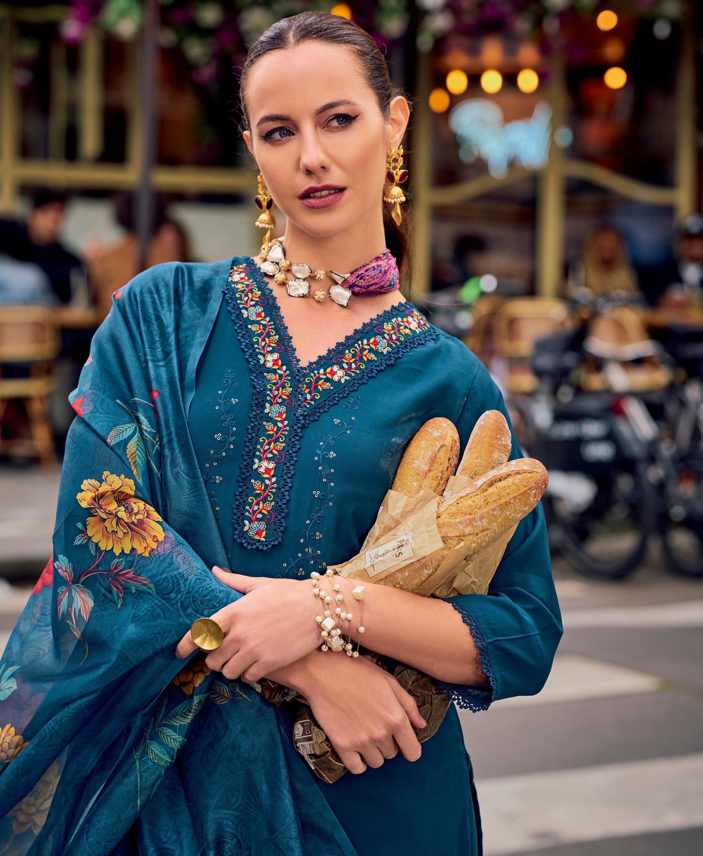 Teal Milan Silk Straight Festive & Party Kurta Set by Her Couture