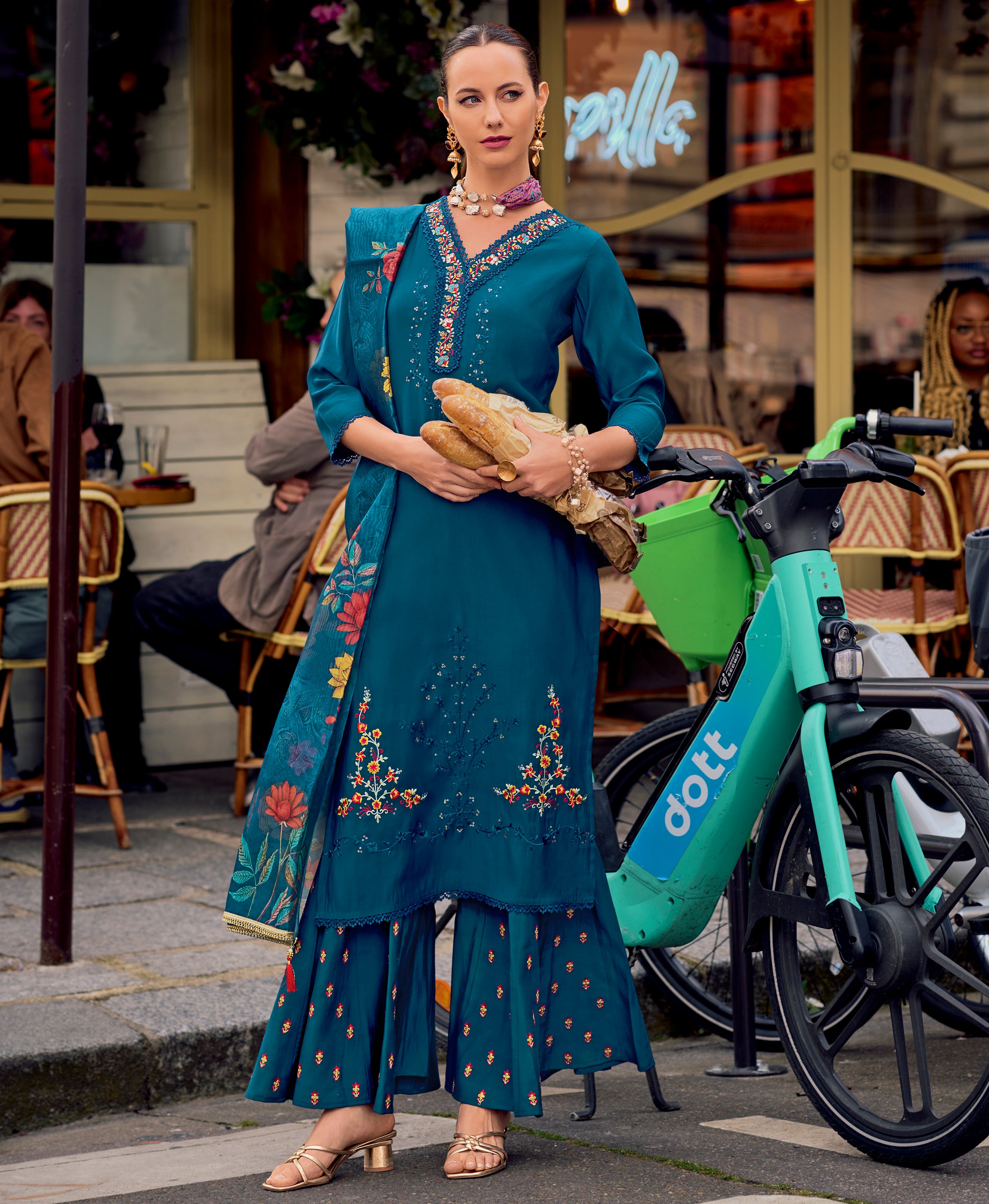 Her Couture Women's Teal Milan Silk Floral Embroidered Straight Kurta With Divider Plazzo & Dupatta