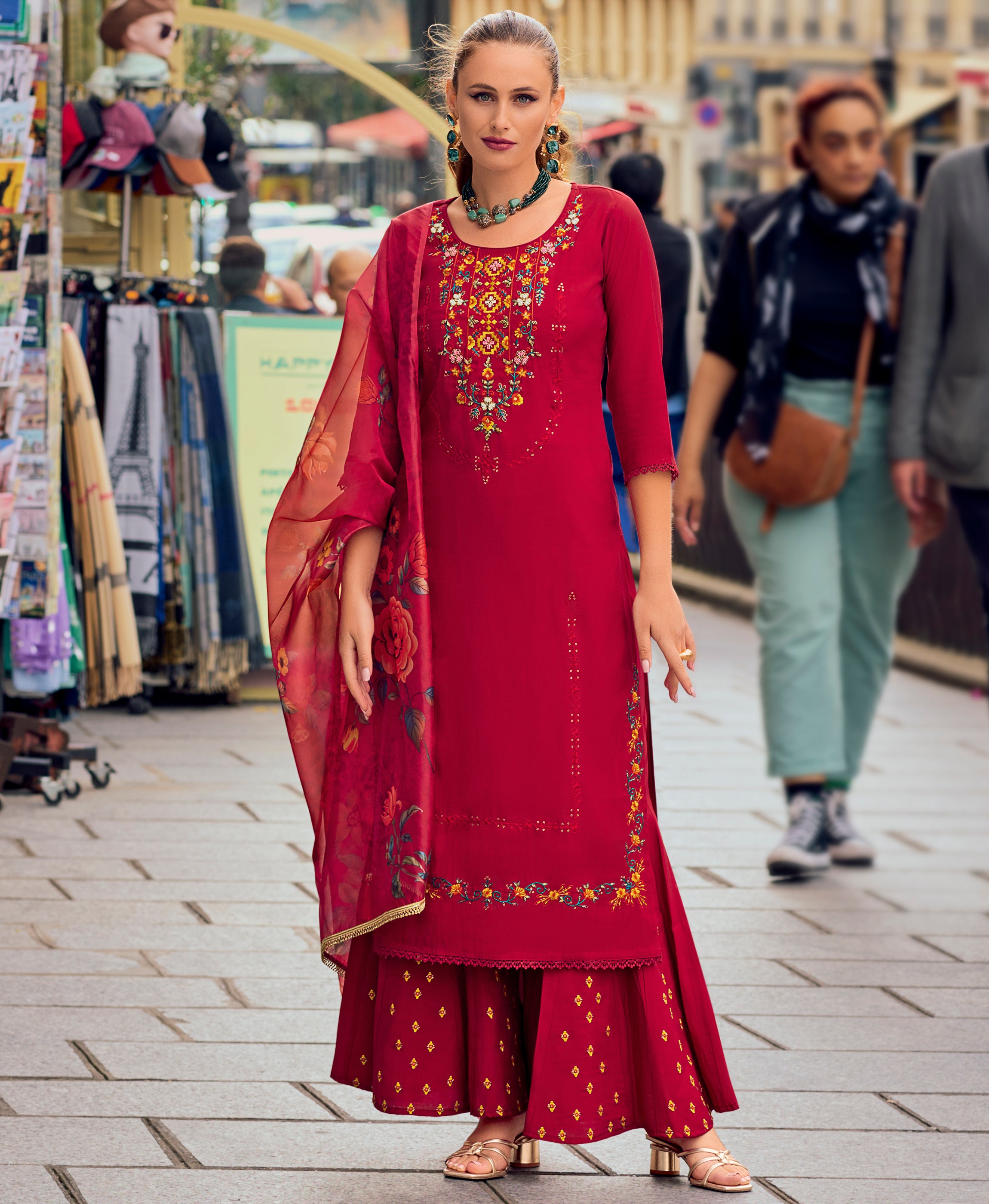 Her Couture Women's Maroon Milan Silk Floral Embroidered Straight Kurta With Divider Plazzo & Dupatta