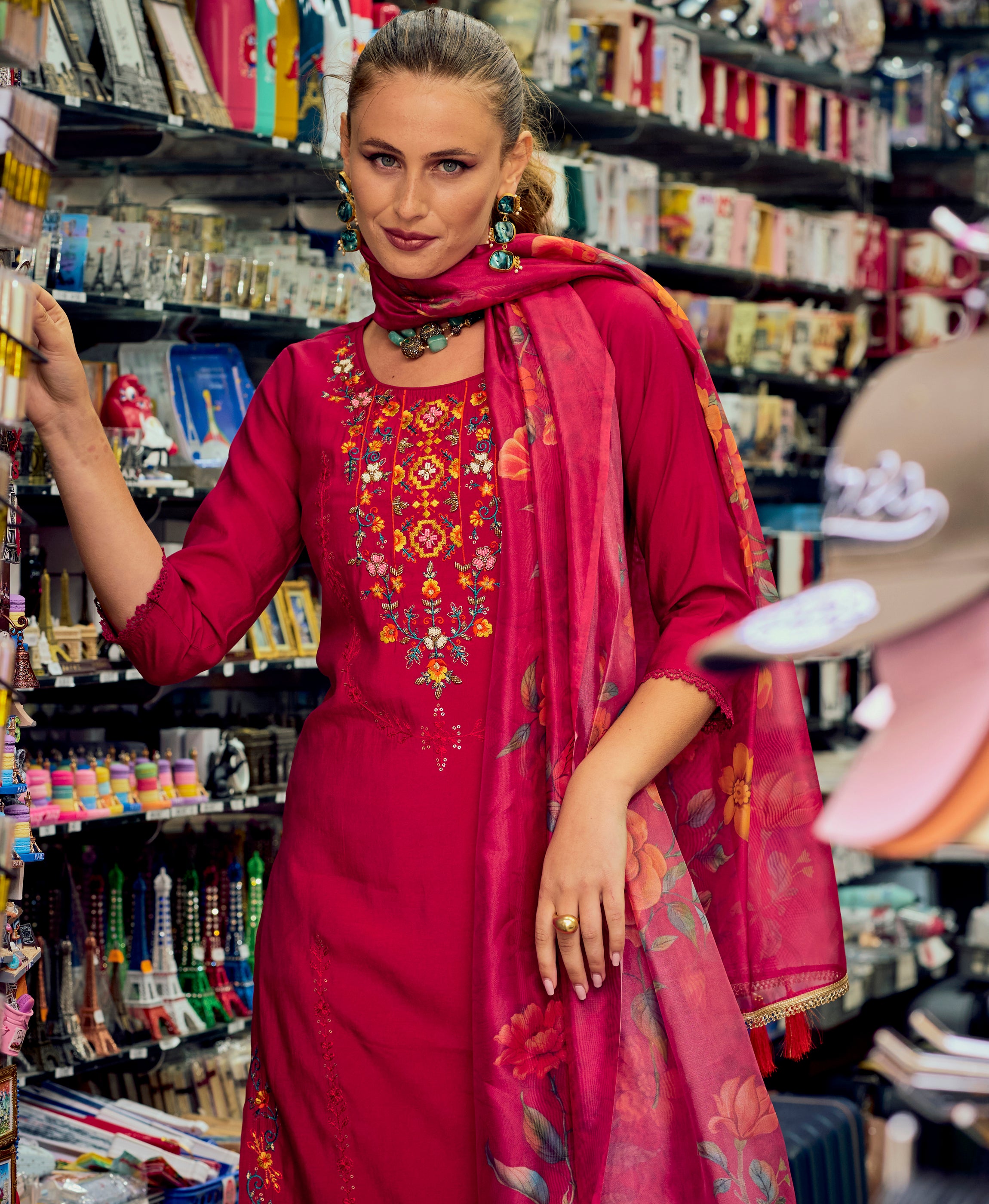 Her Couture Women's Maroon Milan Silk Floral Embroidered Straight Kurta With Divider Plazzo & Dupatta