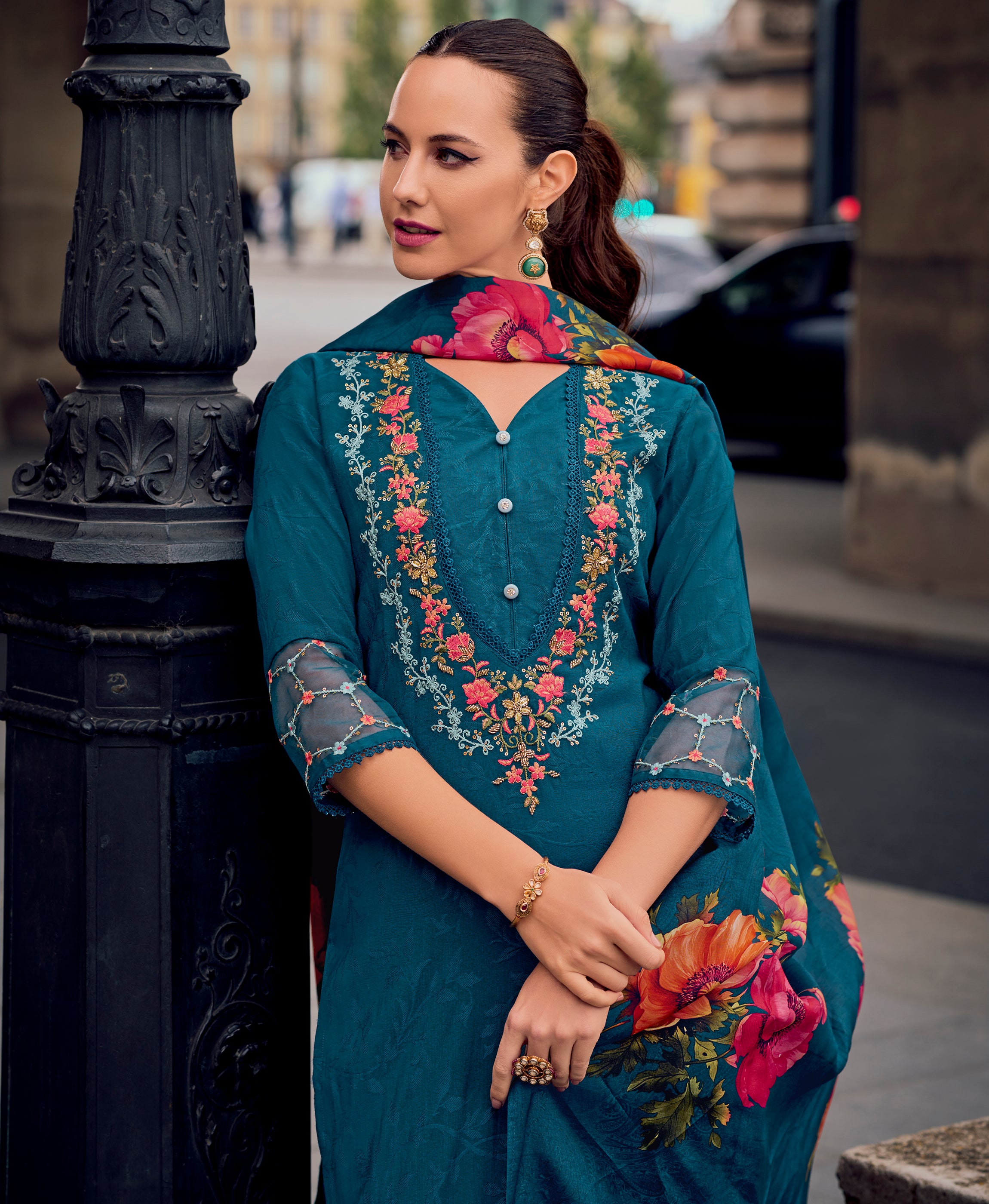 Teal Blue Viscose Silk Straight Festive & Party Kurta Set by Her Couture