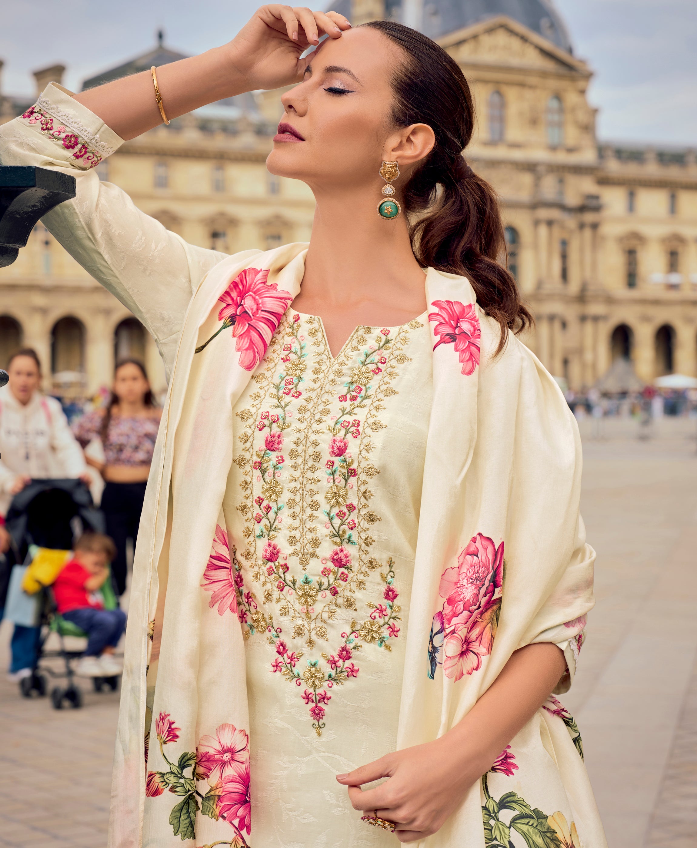 Off-White Viscose Silk Straight Festive & Party Kurta Set by Her Couture