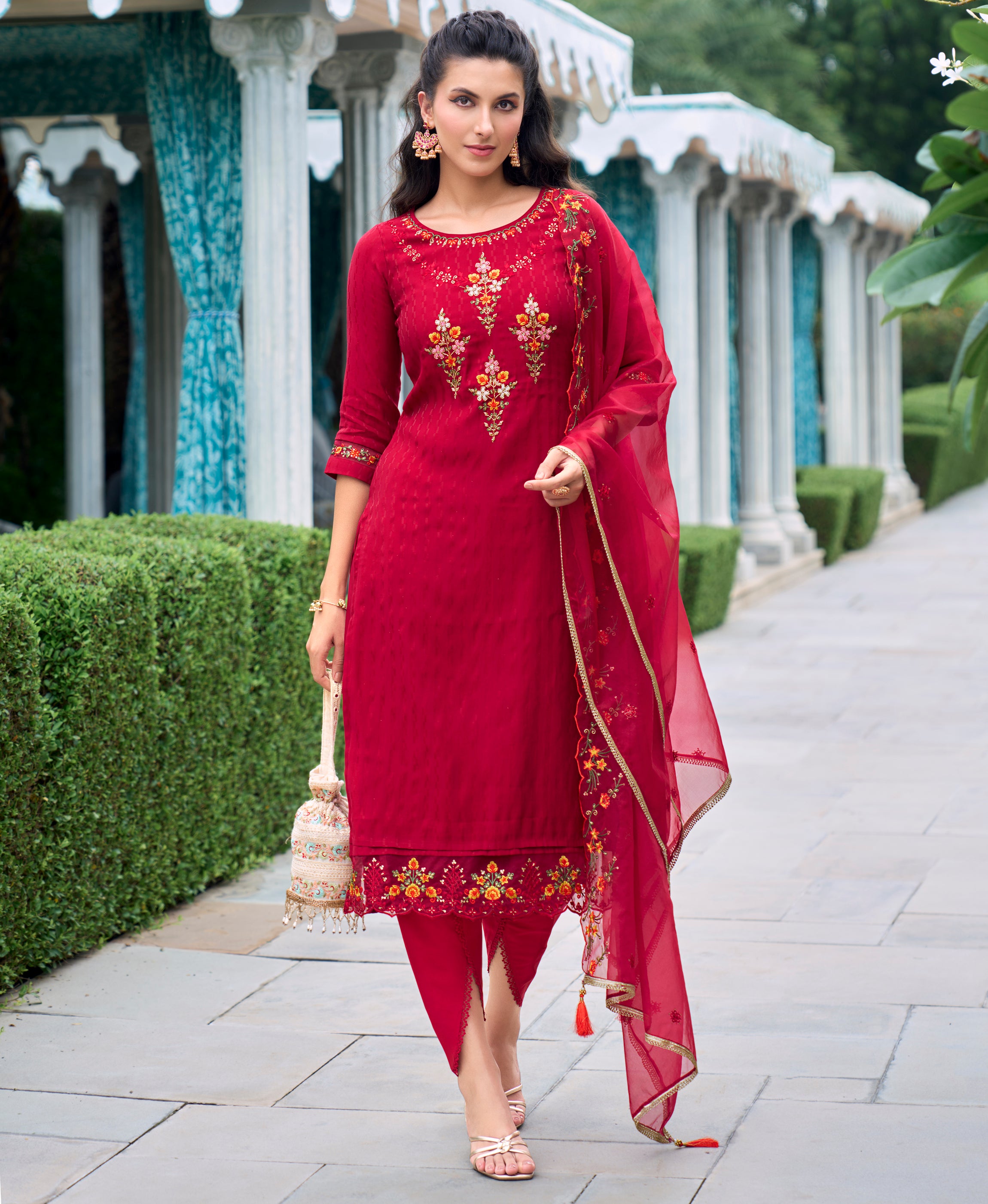 Her Couture Women's Maroon Viscose Silk Floral Embroidered Straight Kurta With Tulip Pant & Dupatta
