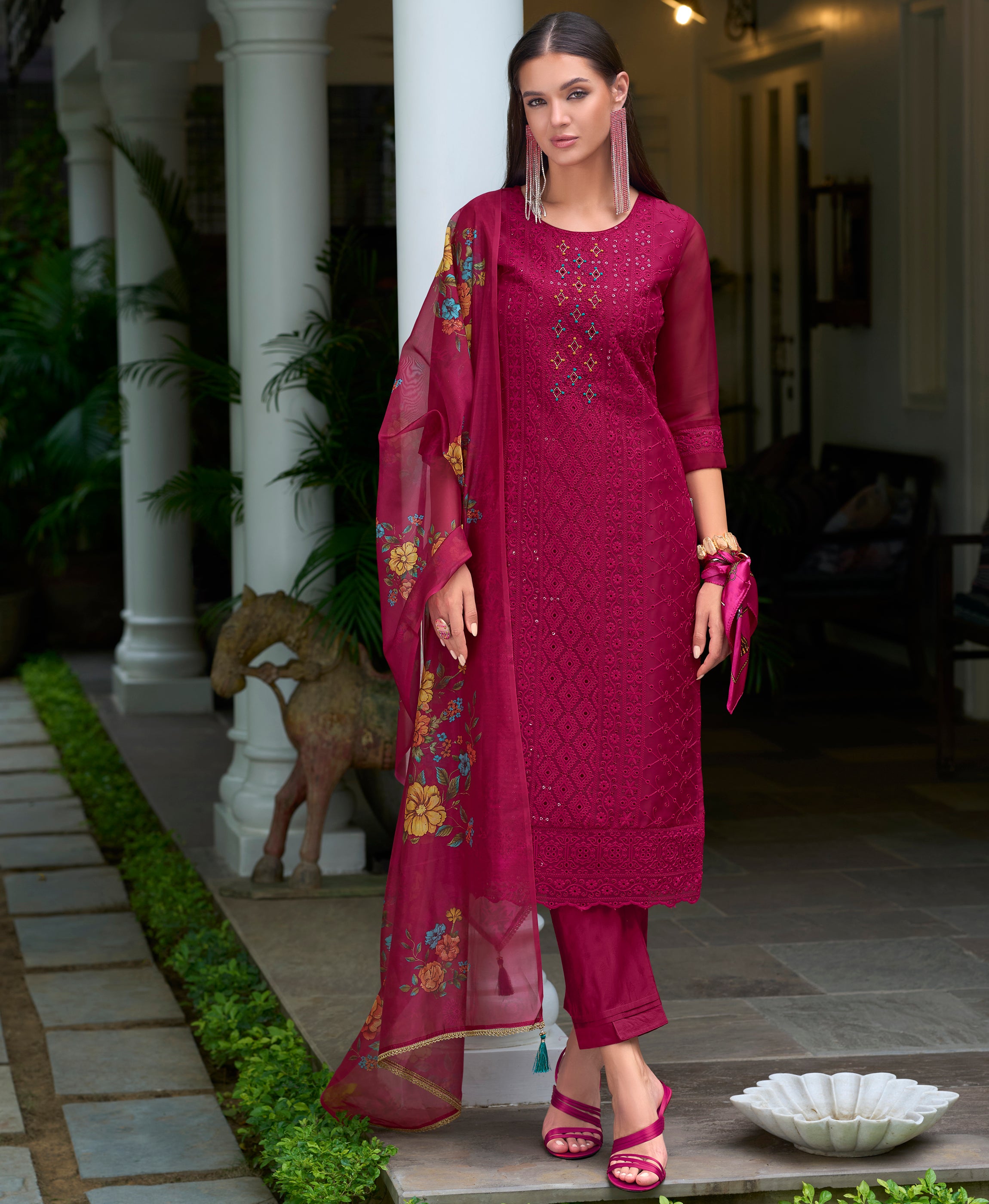 Magenta Organza Straight Festive & Party Kurta Set by Her Couture