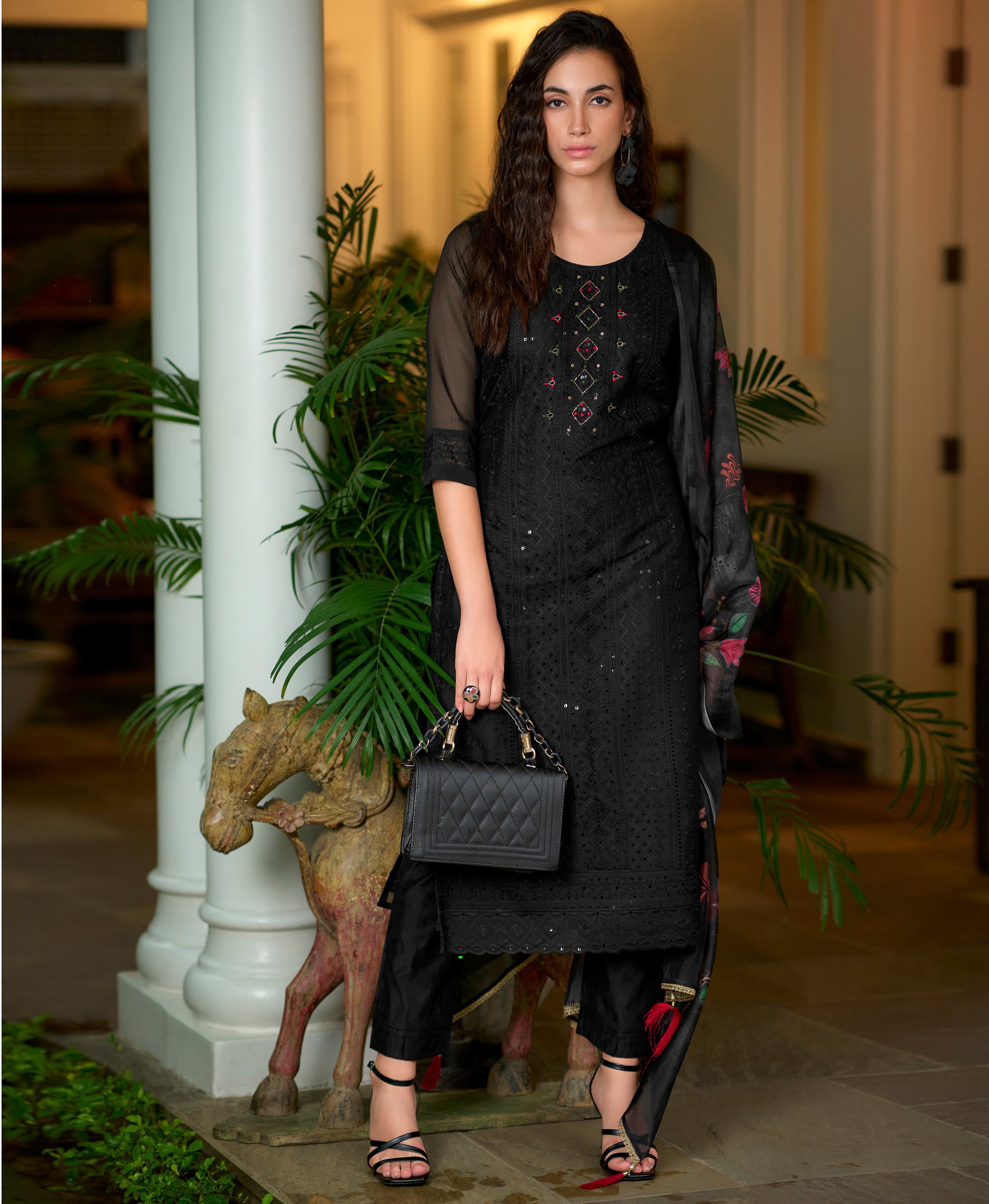 Black Organza Straight Festive & Party Kurta Set by Her Couture