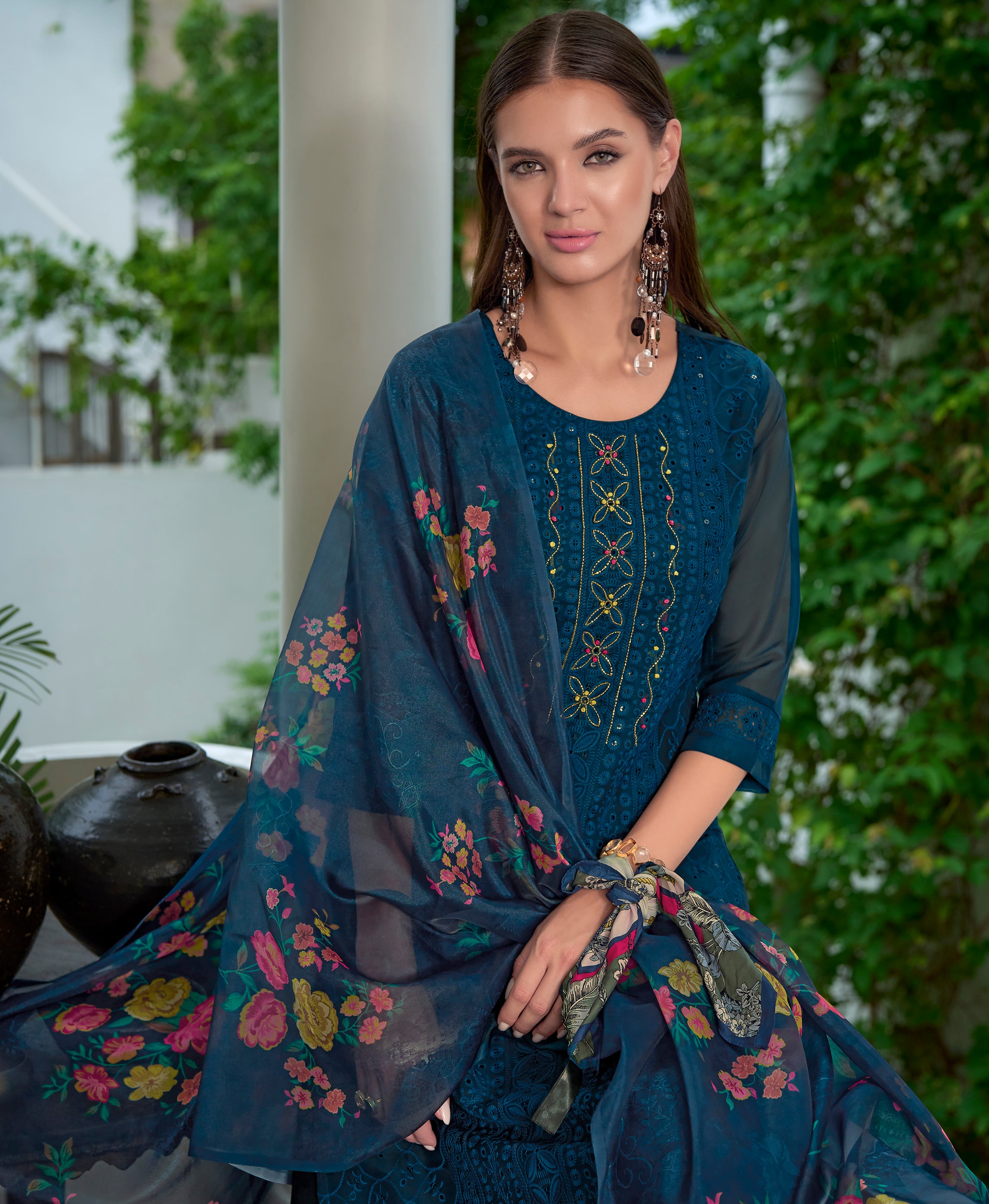 Teal Blue Organza Straight Festive & Party Kurta Set by Her Couture