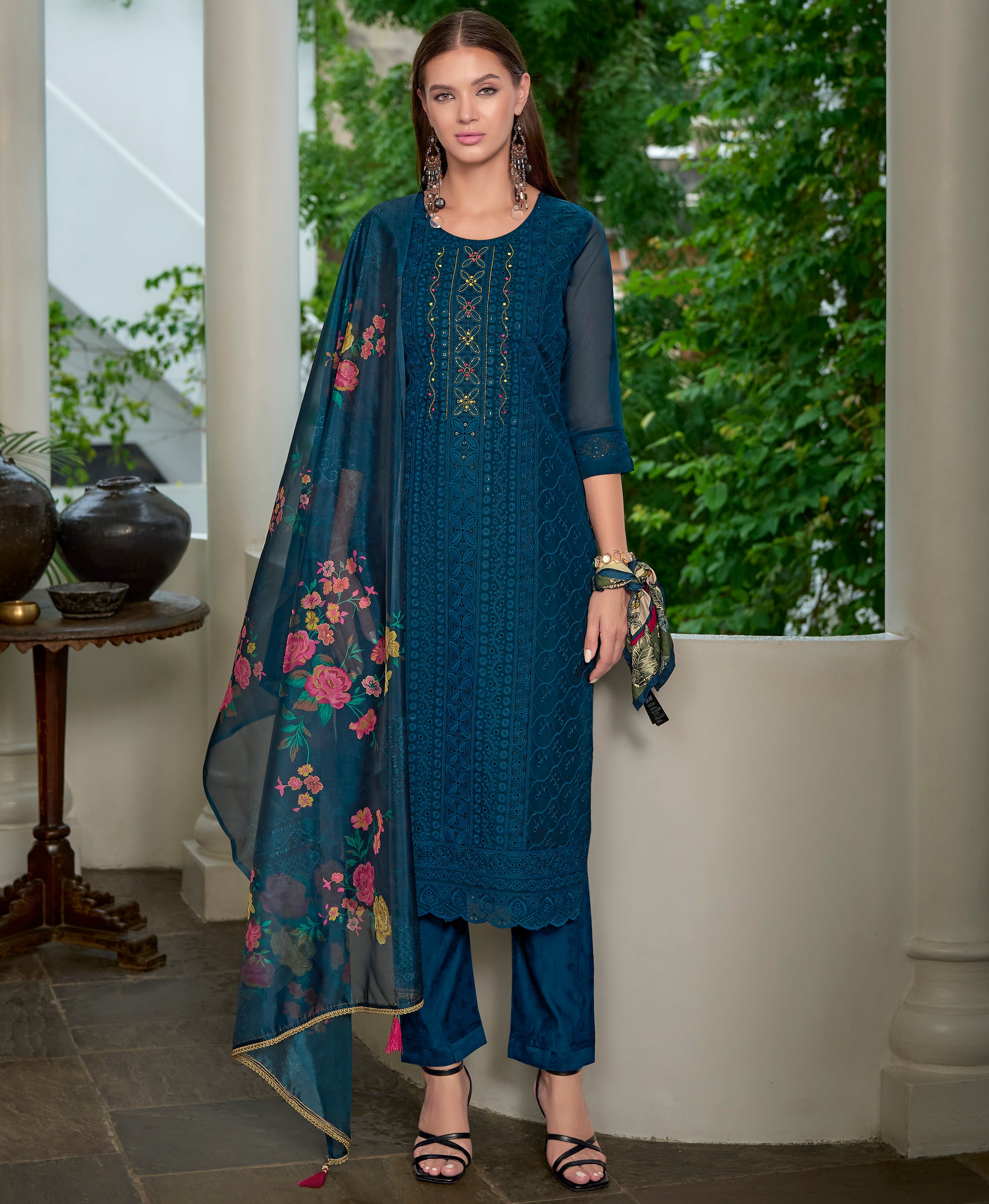 Her Couture Women's Teal Blue Organza Bored Schiffli Embroidered Straight Kurta With Pant & Dupatta