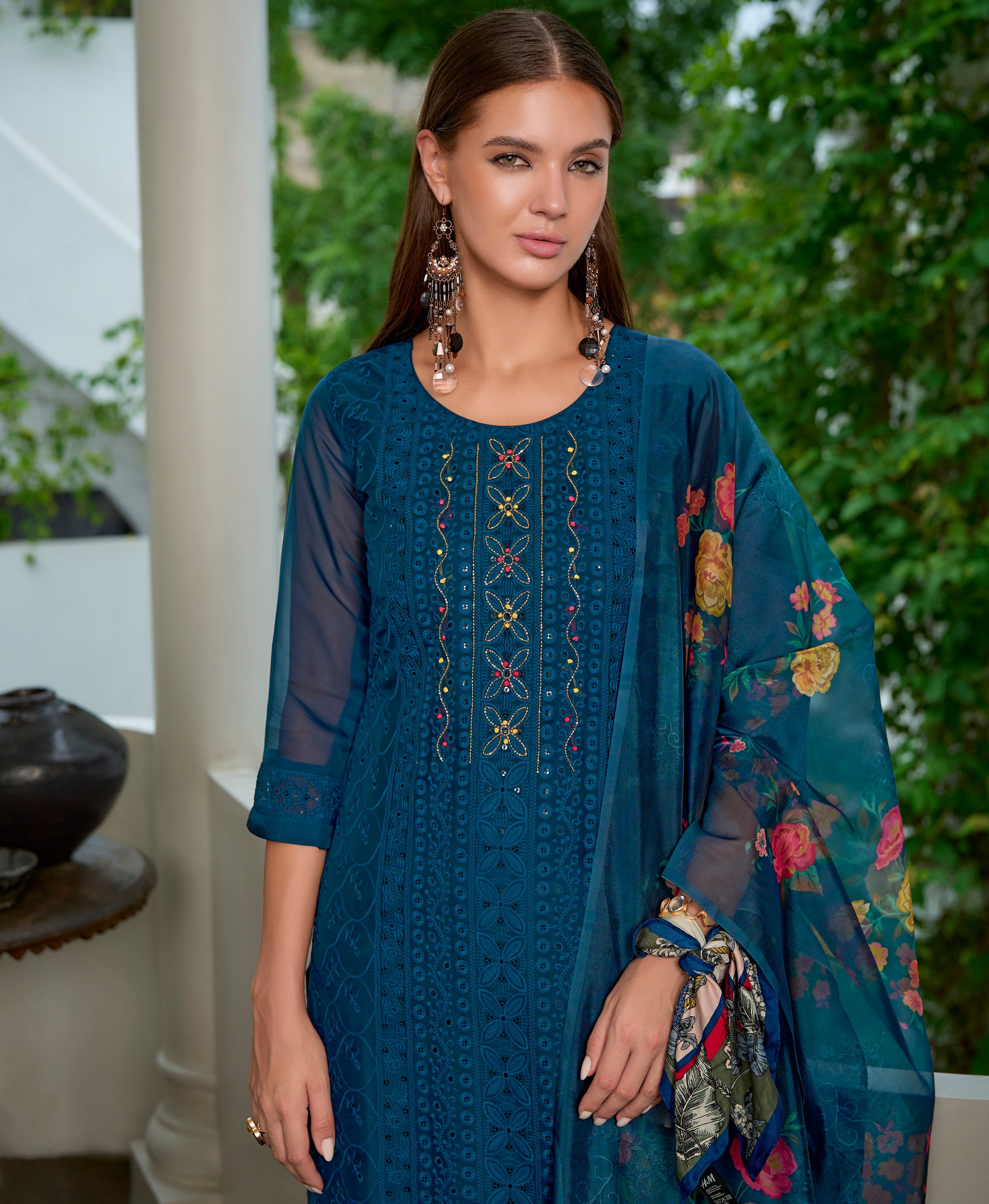 Her Couture Women's Teal Blue Organza Bored Schiffli Embroidered Straight Kurta With Pant & Dupatta