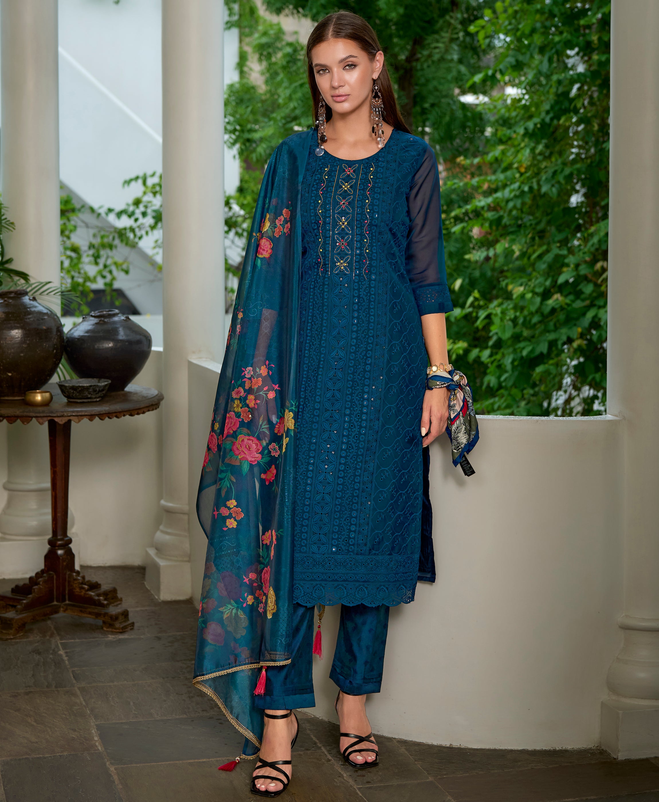 Her Couture Women's Teal Blue Organza Bored Schiffli Embroidered Straight Kurta With Pant & Dupatta