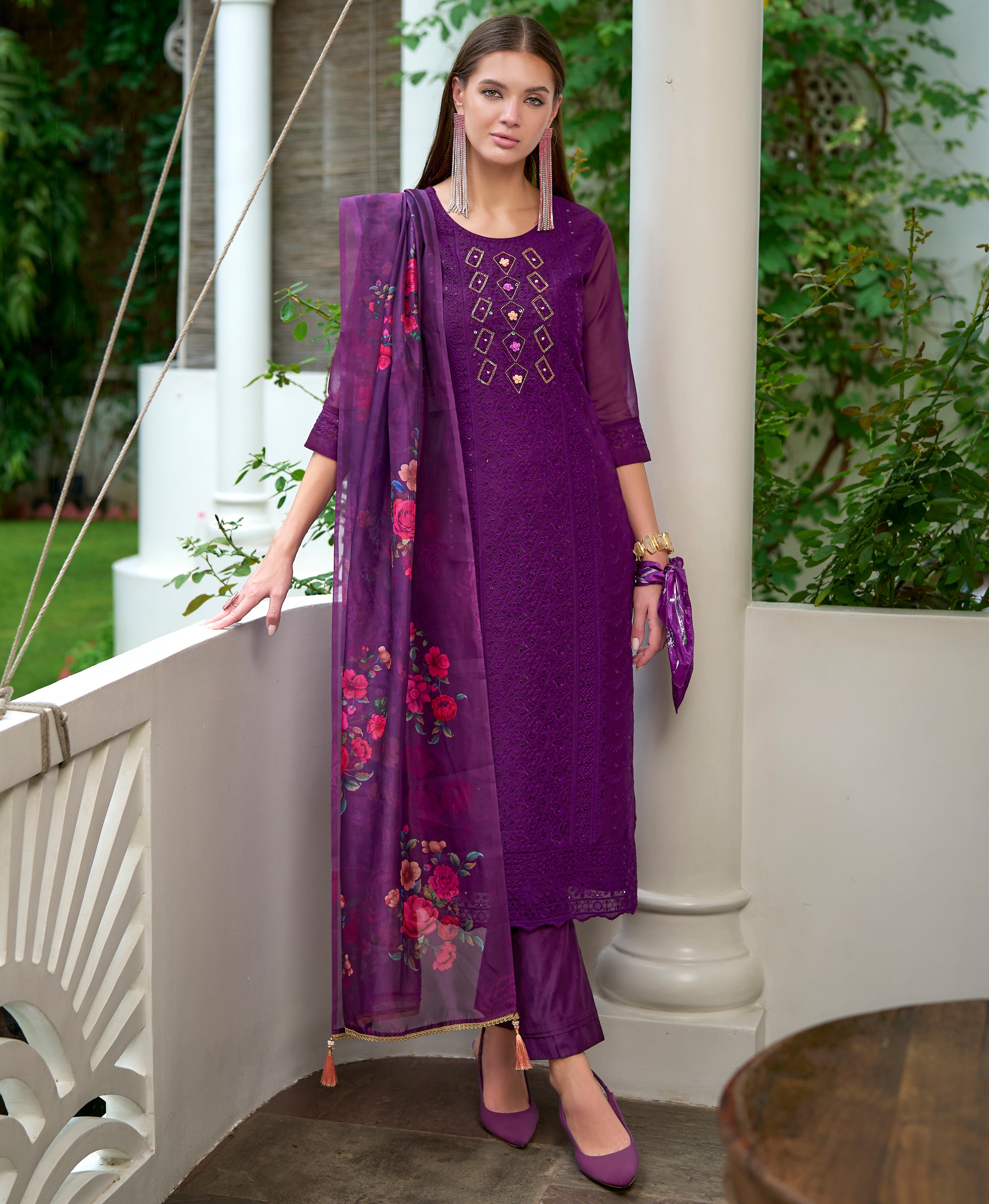 Her Couture Women's Purple Organza Bored Schiffli Embroidered Straight Kurta With Pant & Dupatta
