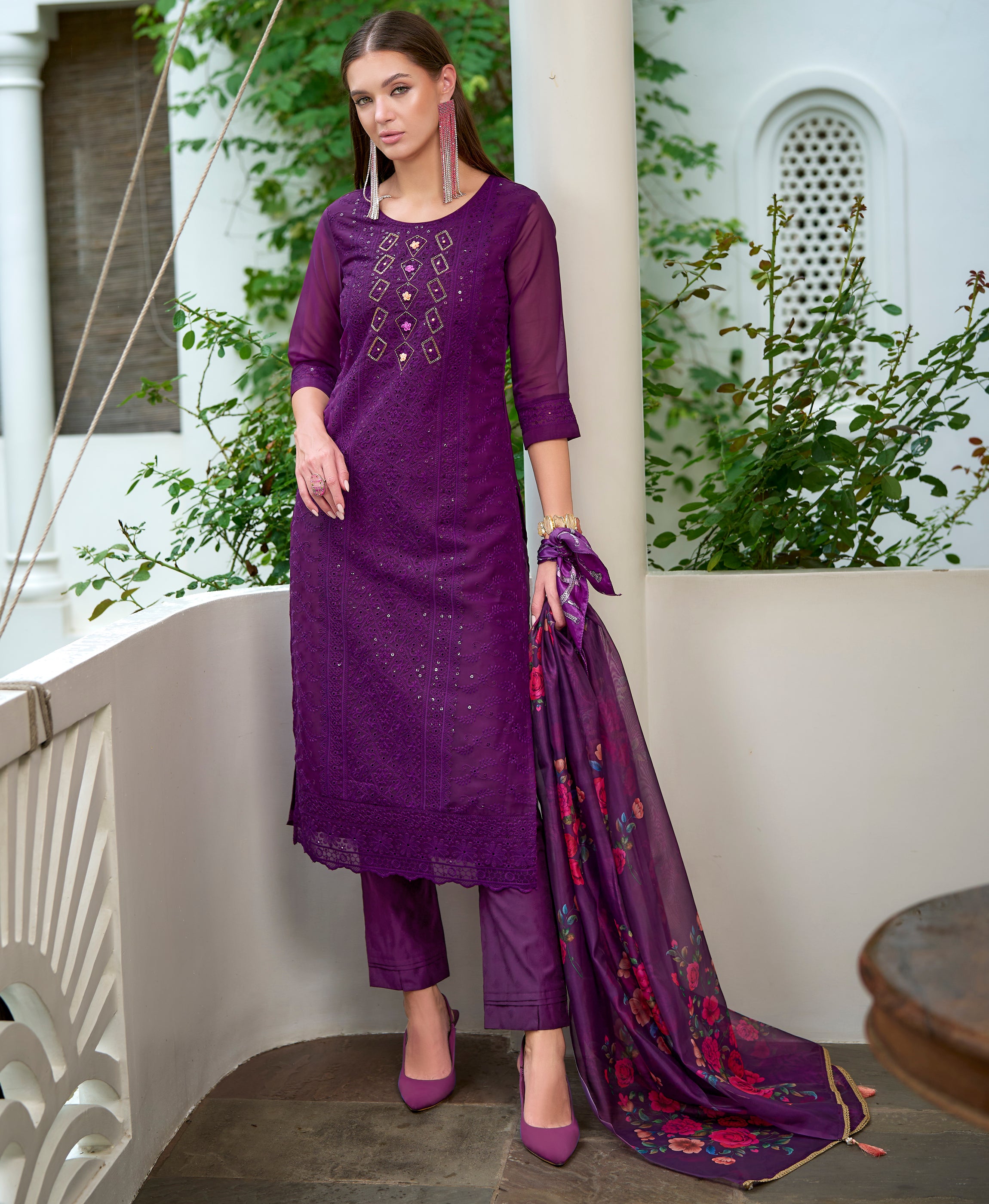 Her Couture Women's Purple Organza Bored Schiffli Embroidered Straight Kurta With Pant & Dupatta