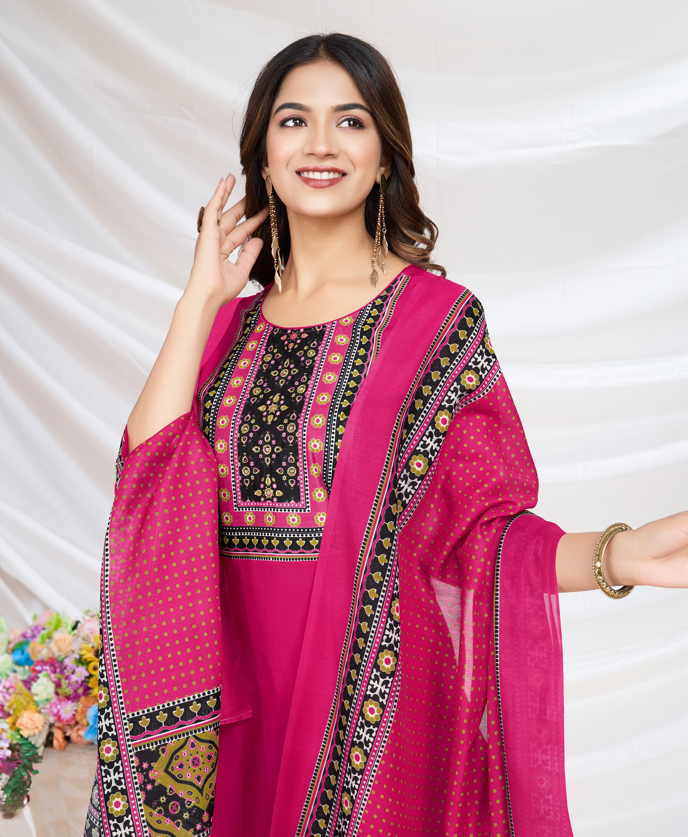Her Couture Women's Magenta Blend Viscose Silk Ethnic Motifs Straight Kurta With Pant & Printed Dupatta