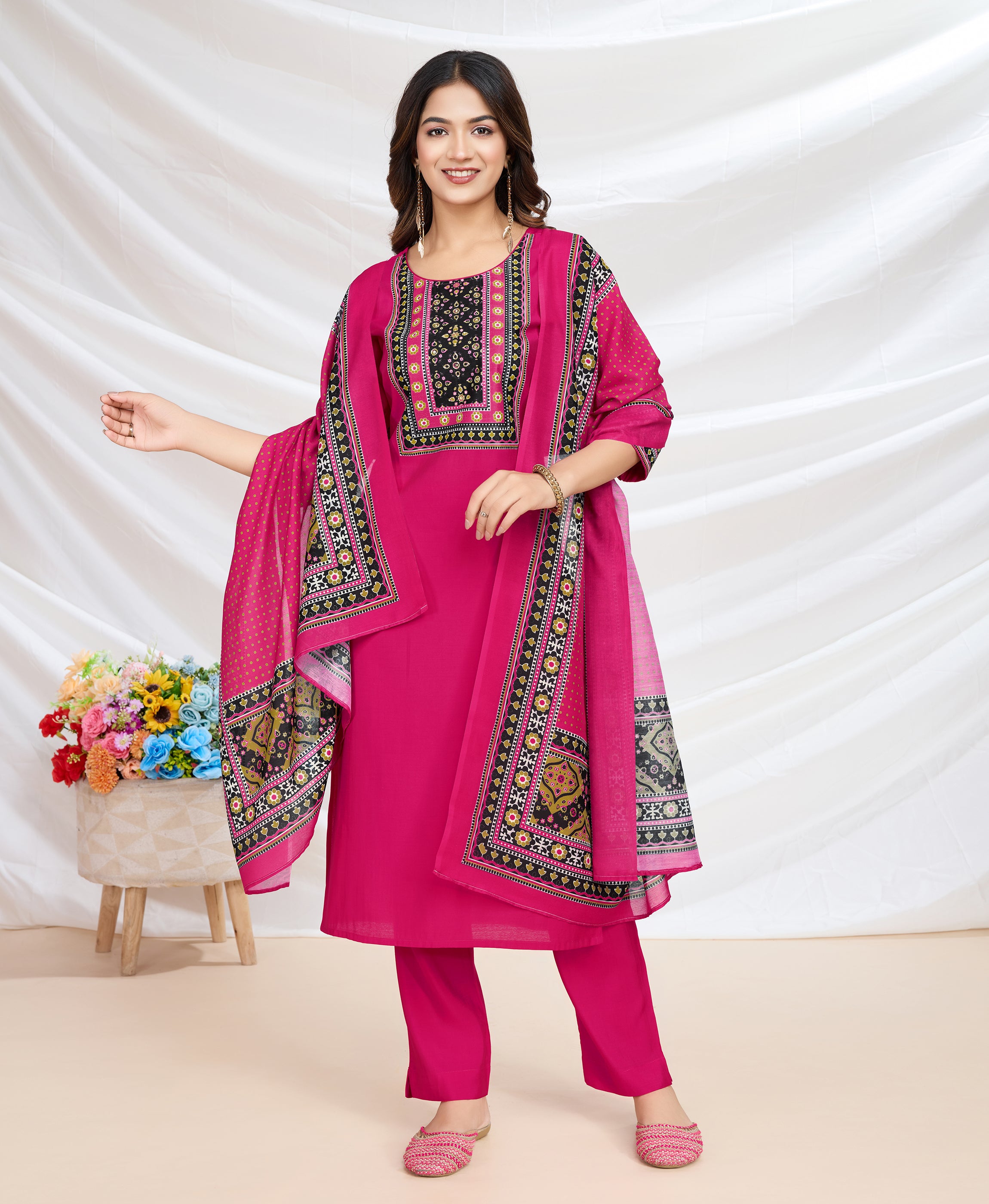 Her Couture Women's Magenta Blend Viscose Silk Ethnic Motifs Straight Kurta With Pant & Printed Dupatta