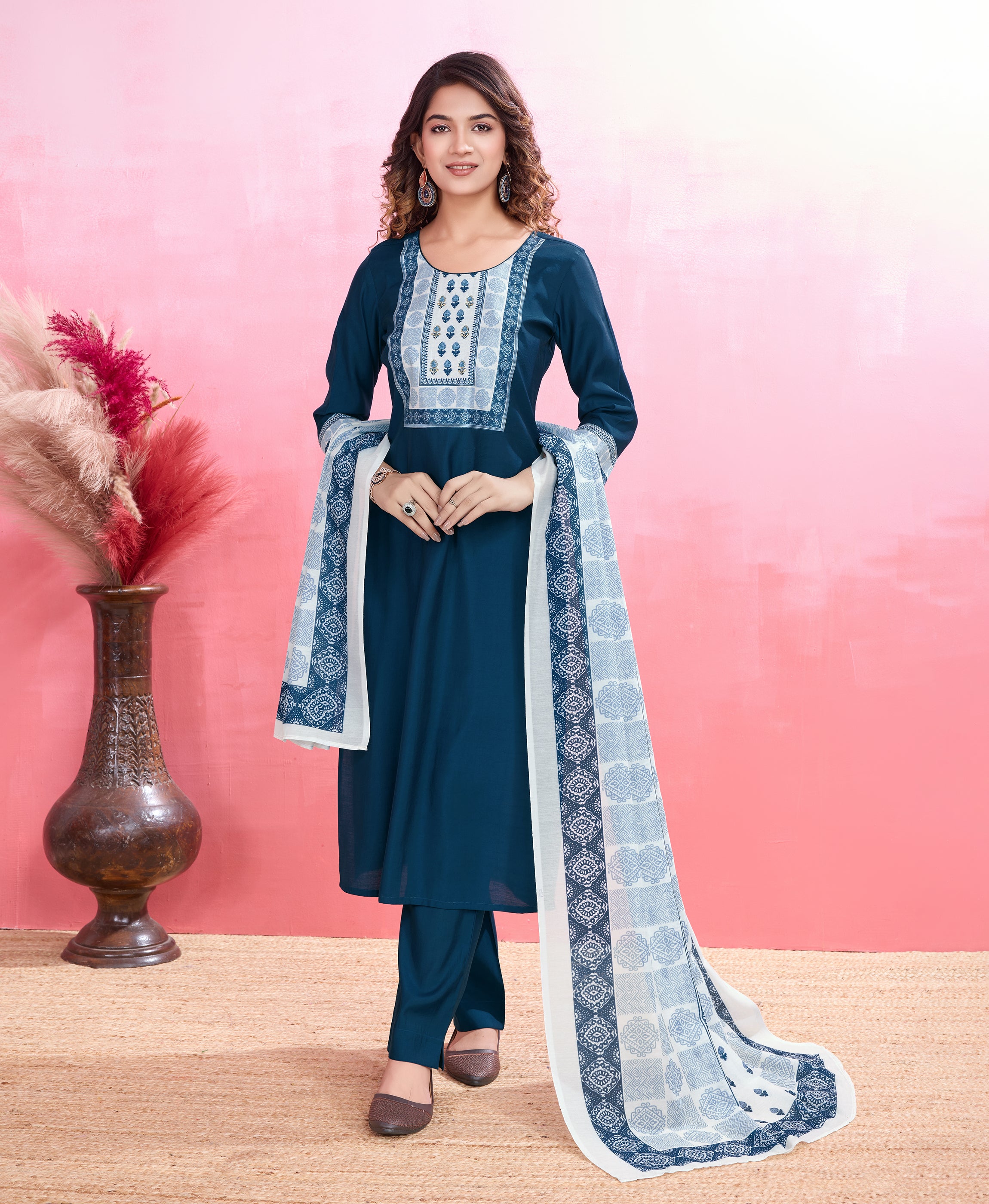 Teal Blue Blend Viscose Silk Straight Festive & Party Kurta Set by Her Couture