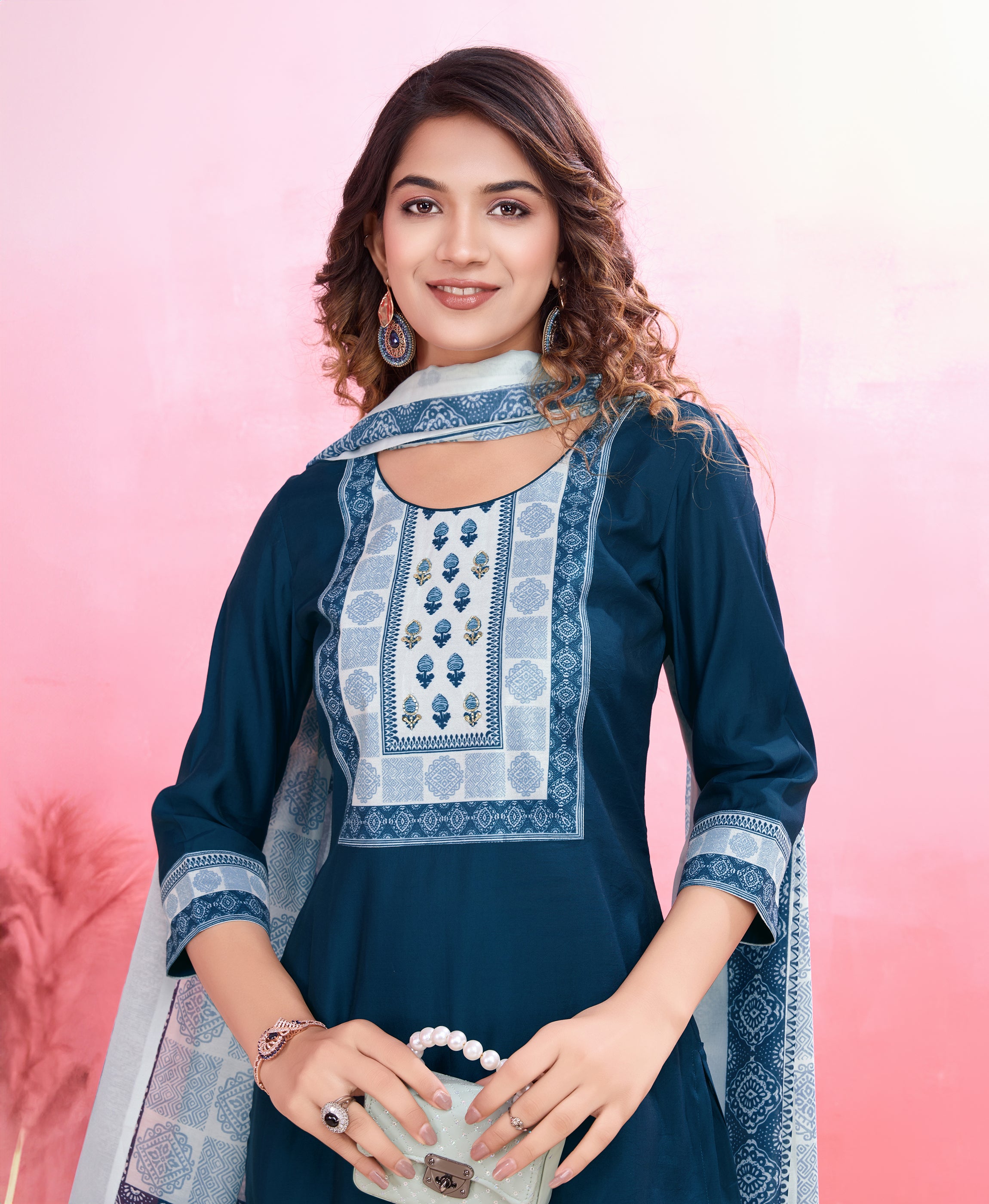 Her Couture Women's Teal Blue Blend Viscose Silk Ethnic Motifs Straight Kurta With Pant & Printed Dupatta
