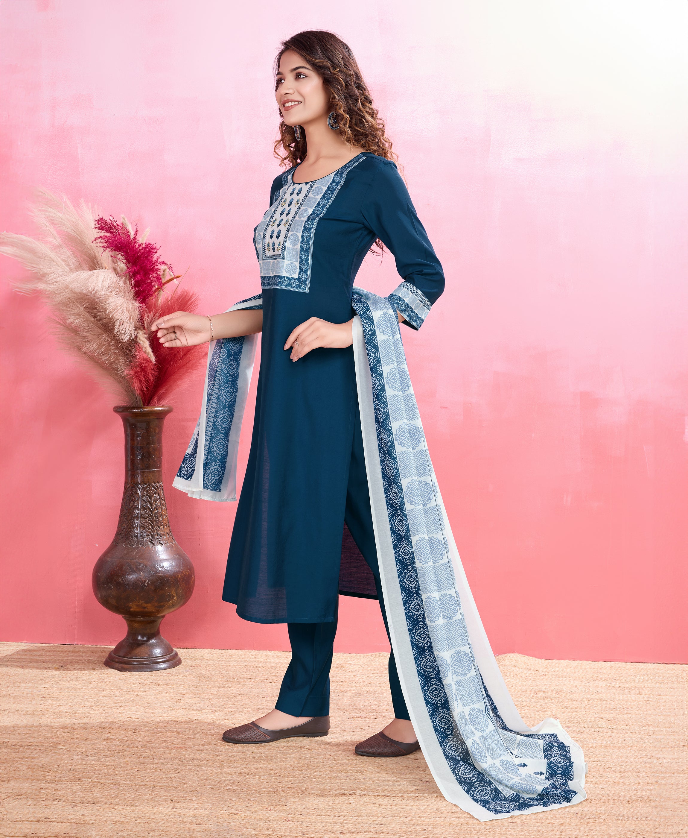 Her Couture Women's Teal Blue Blend Viscose Silk Ethnic Motifs Straight Kurta With Pant & Printed Dupatta