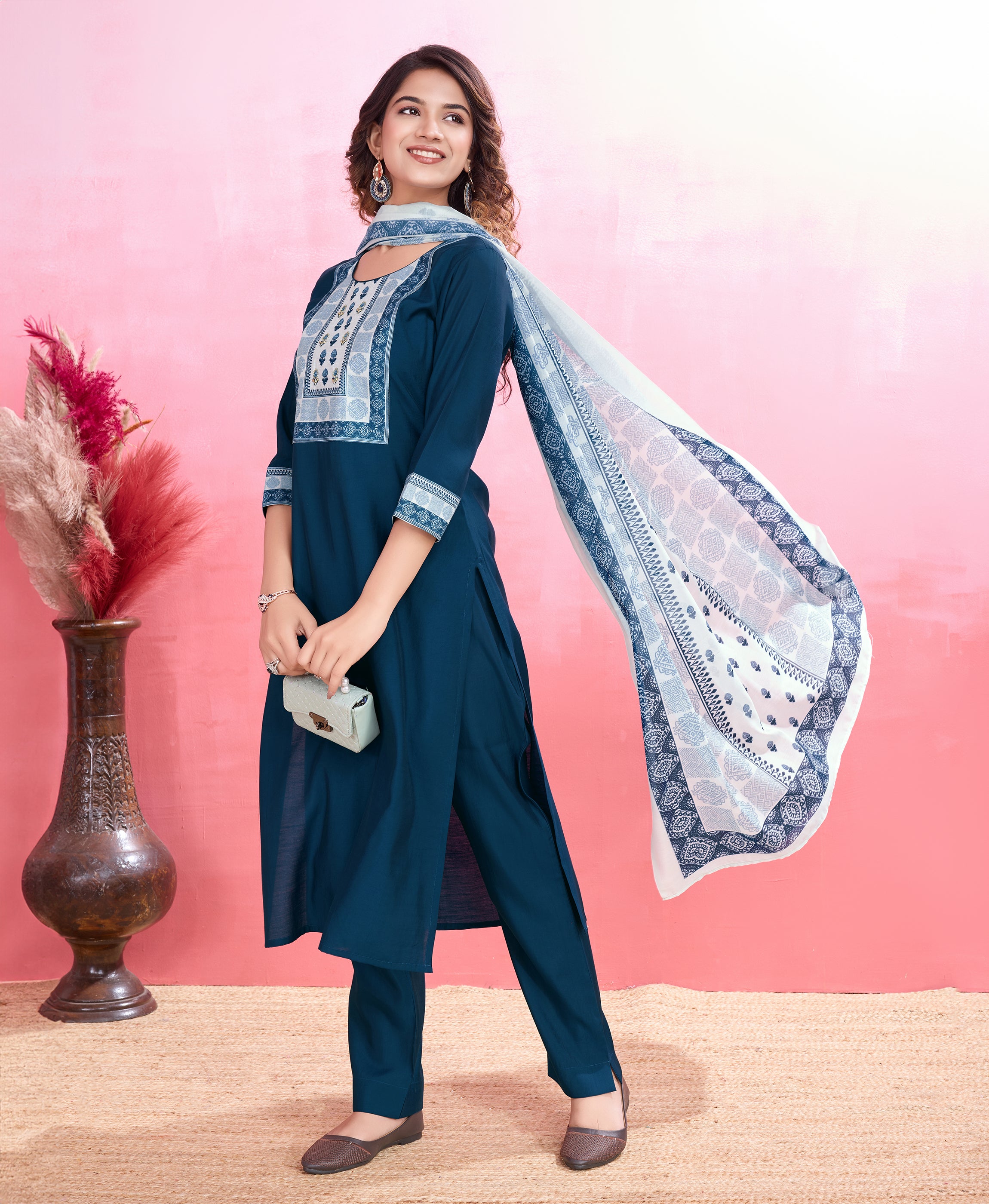 Her Couture Women's Teal Blue Blend Viscose Silk Ethnic Motifs Straight Kurta With Pant & Printed Dupatta