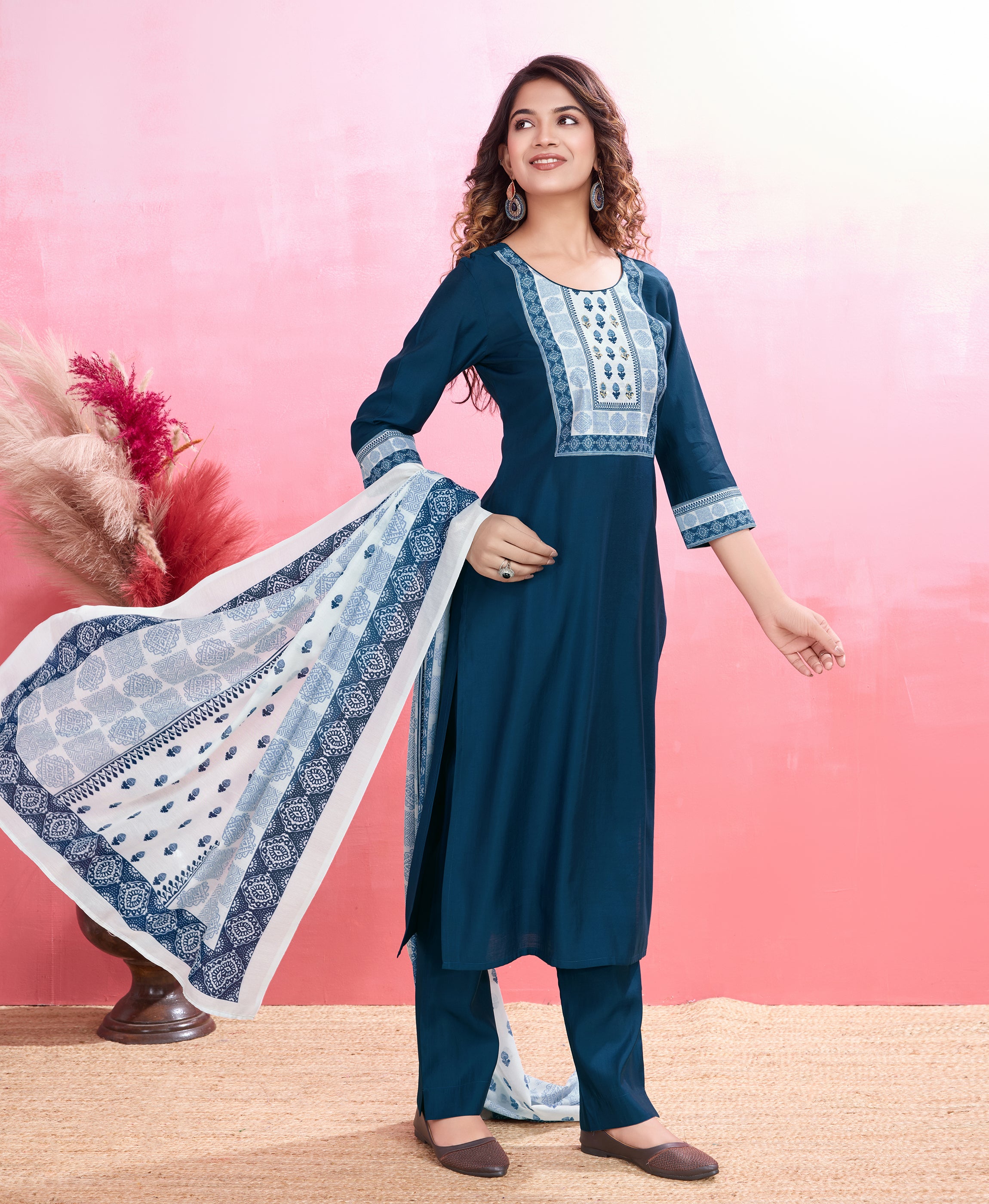 Her Couture Women's Teal Blue Blend Viscose Silk Ethnic Motifs Straight Kurta With Pant & Printed Dupatta